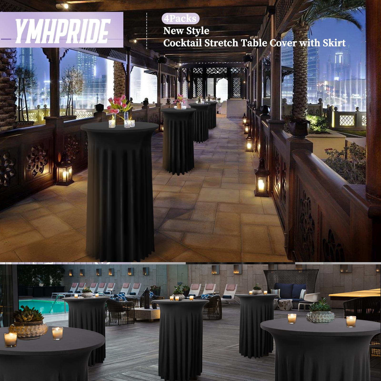 YMHPRIDE 4 Pezzi Nero Rivestimento Elastico per tavoli con Gonna Ø80-85cm Fodera Elastica Tavolo Alto, Tovaglia Stretch Cover Tavolo, Copritavolo Elastico Bar Matrimoni Catering (80X110cm,Nero)