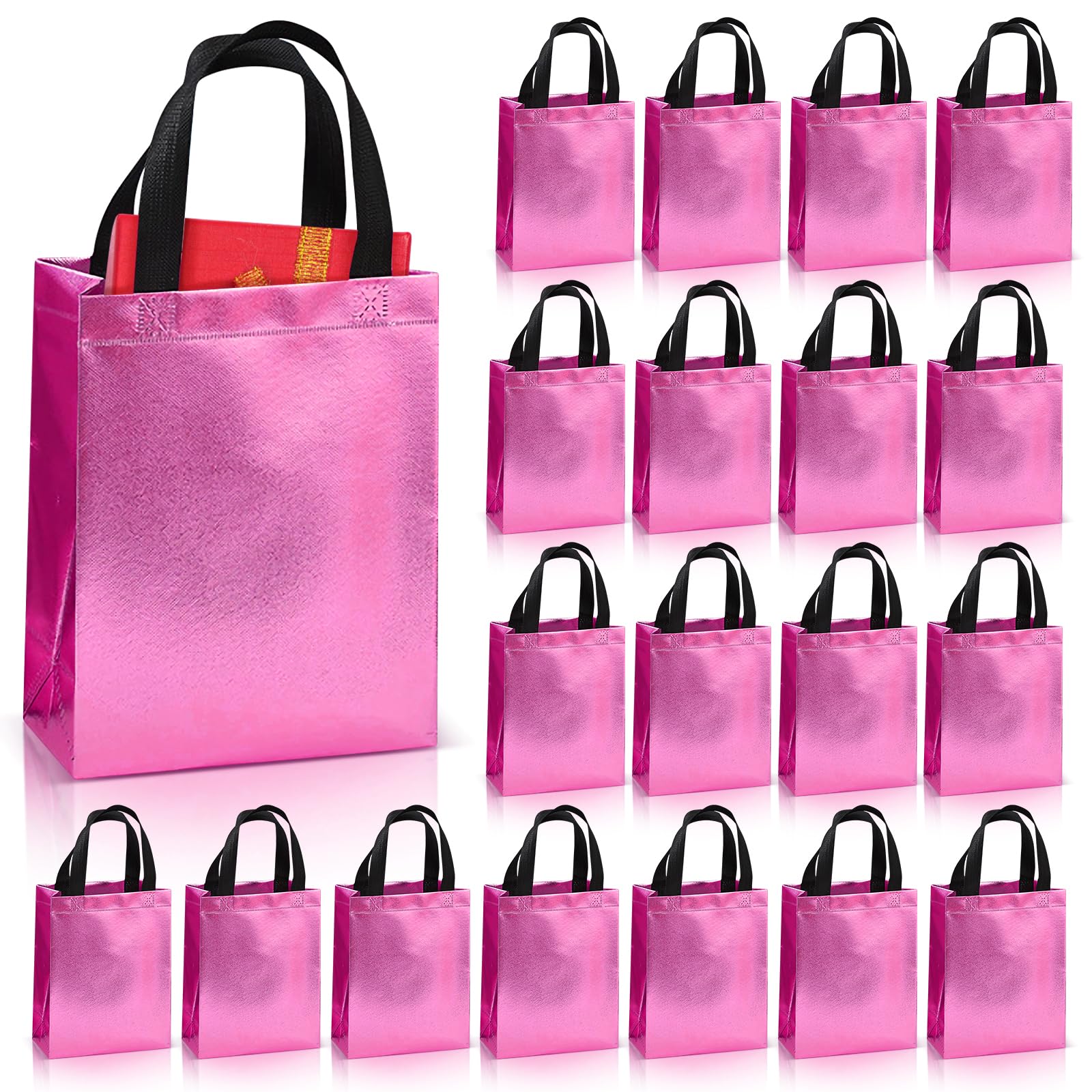 PSPIKXEG Paquete de 20 bolsas de regalo brillantes de color rosa intenso con asa, bolsas de regalo de dama de honor de tamaño mediano, bolsas a granel, bolsa de regalo de despedida de soltera, bolsas