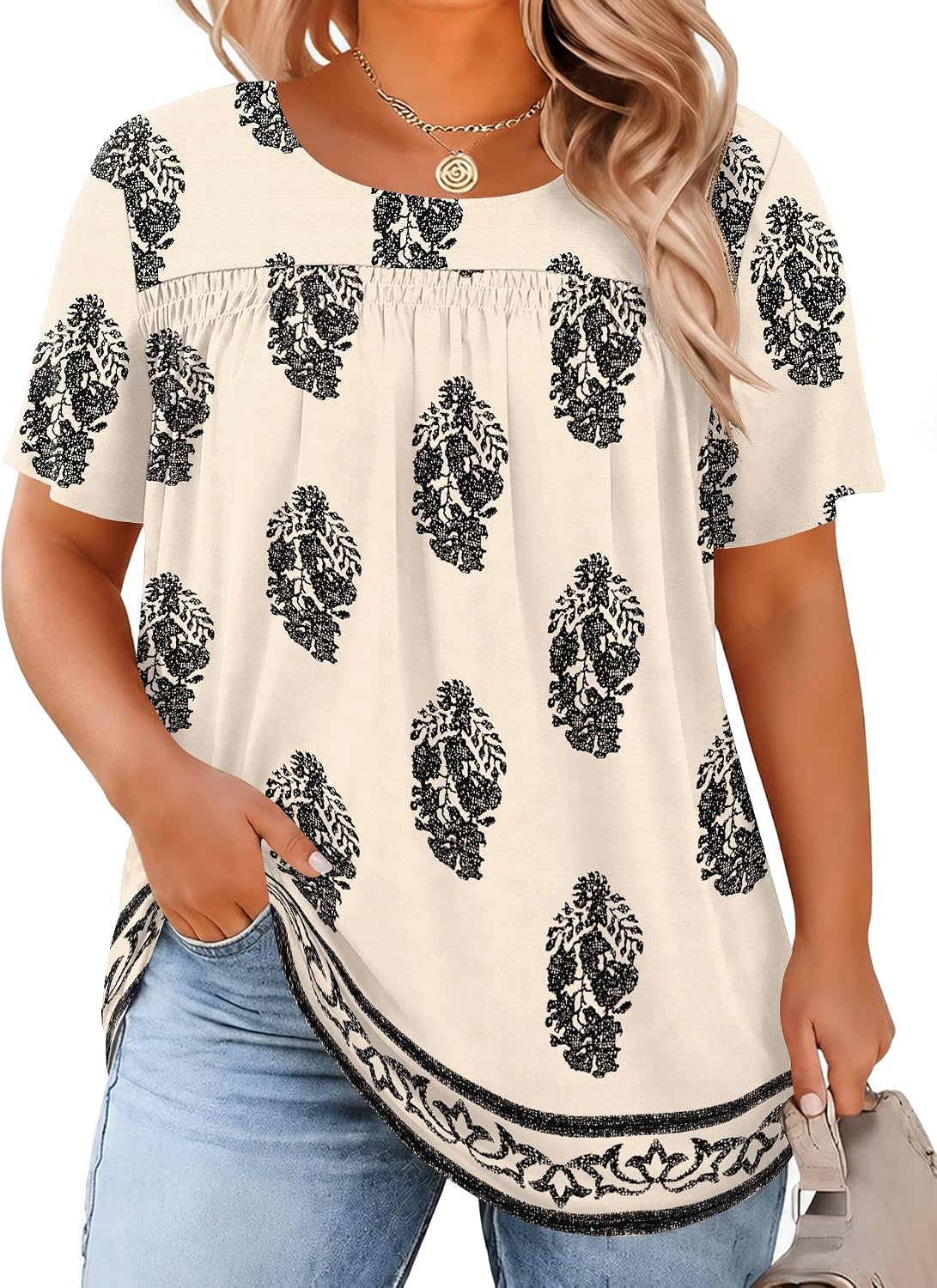 Micoson Womens Plus Size Tops Short Sleeve Dressy Chiffon Blouses Crewneck Shirts Loose Flowy Pleated Tunic