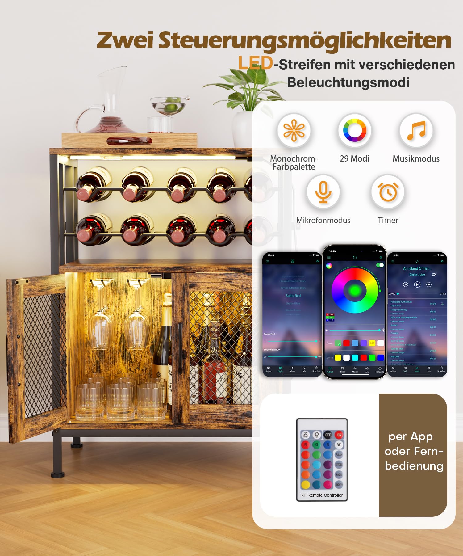 Yorbay Weinschrank aus Metall und Holz mit LED-Beleuchtung: Industriestil Barschrank mit Gittertür für 10 Flaschen und 6 Weingläser - Kaffeebarschrank mit Weinregal für Küche Esszimmer Wohnzimmer