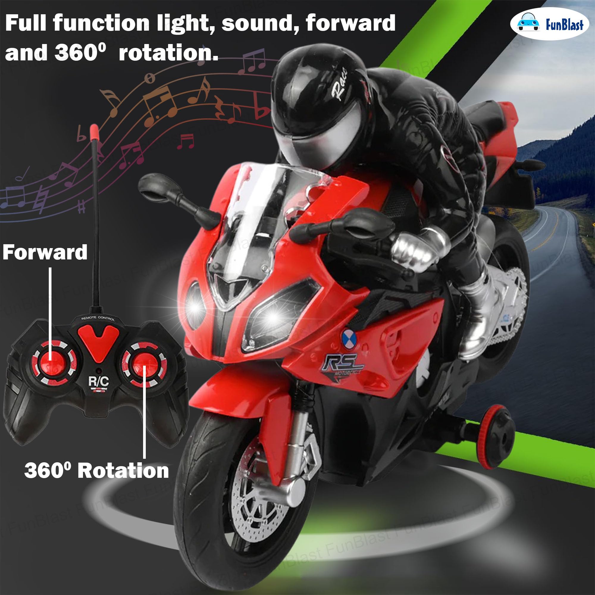 FunBlast RC Motorcycle for Kids – Remote Control Racing Bike Toy with Rider, Lights, Sound & Rechargeable Battery – 1:20 Scale Motorbike for 3+ Year Old Boys & Girls (Red) - Image 2 thumbnail
