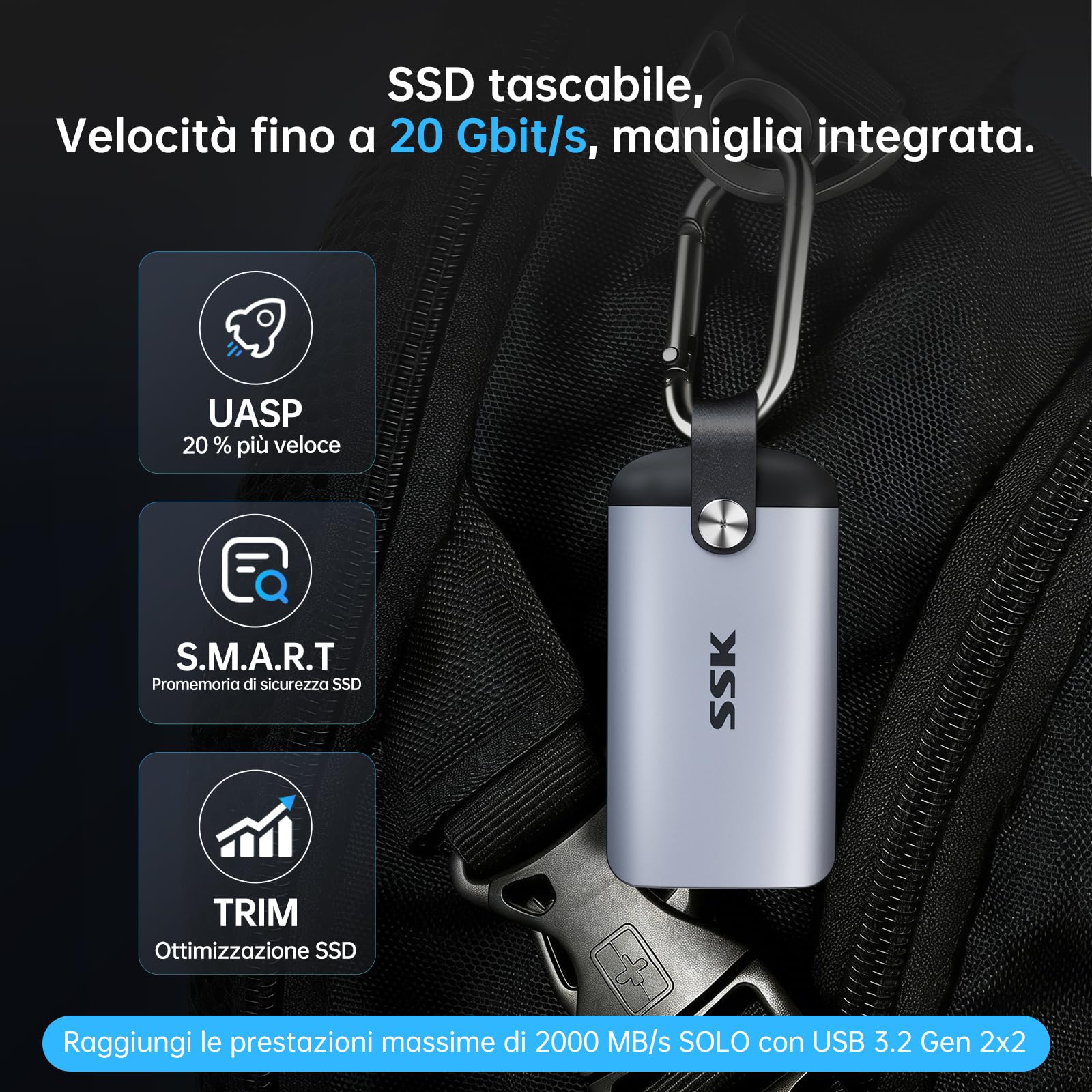 SSK SSD 1TB NVMe ssd esterno portatile, max 2000MB/s solo con USB 3.2 Gen2x2, hard disk esterno ssd, maniglia pelle, per iPhone 15, Android, Windows, Tablet, Mac, Xbox