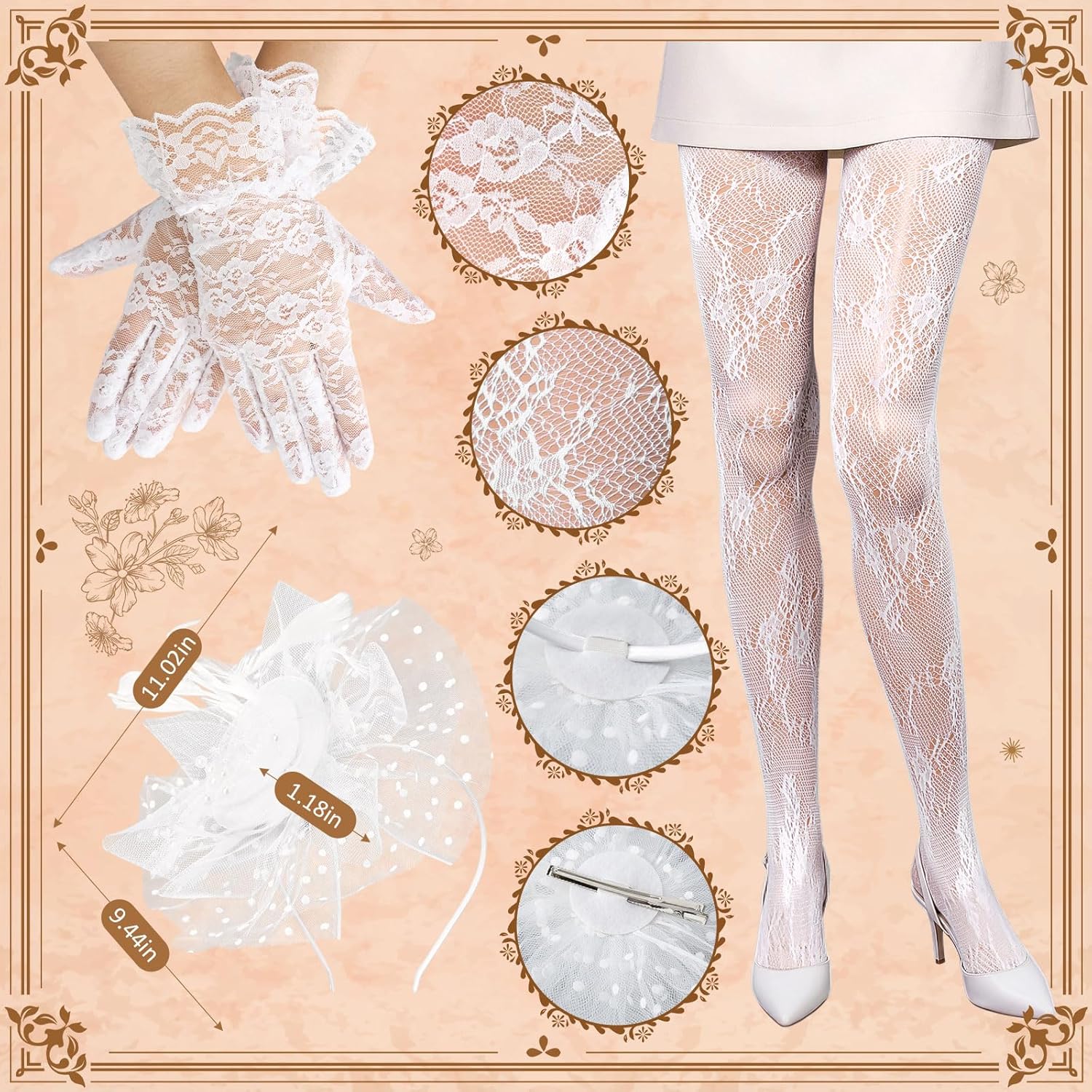 Landical 5 Pcs Tea Party Outfits Fascinator Hat Lace Gloves Parasol Umbrella Fishnet Tights for Wedding Dress 1920s Costume