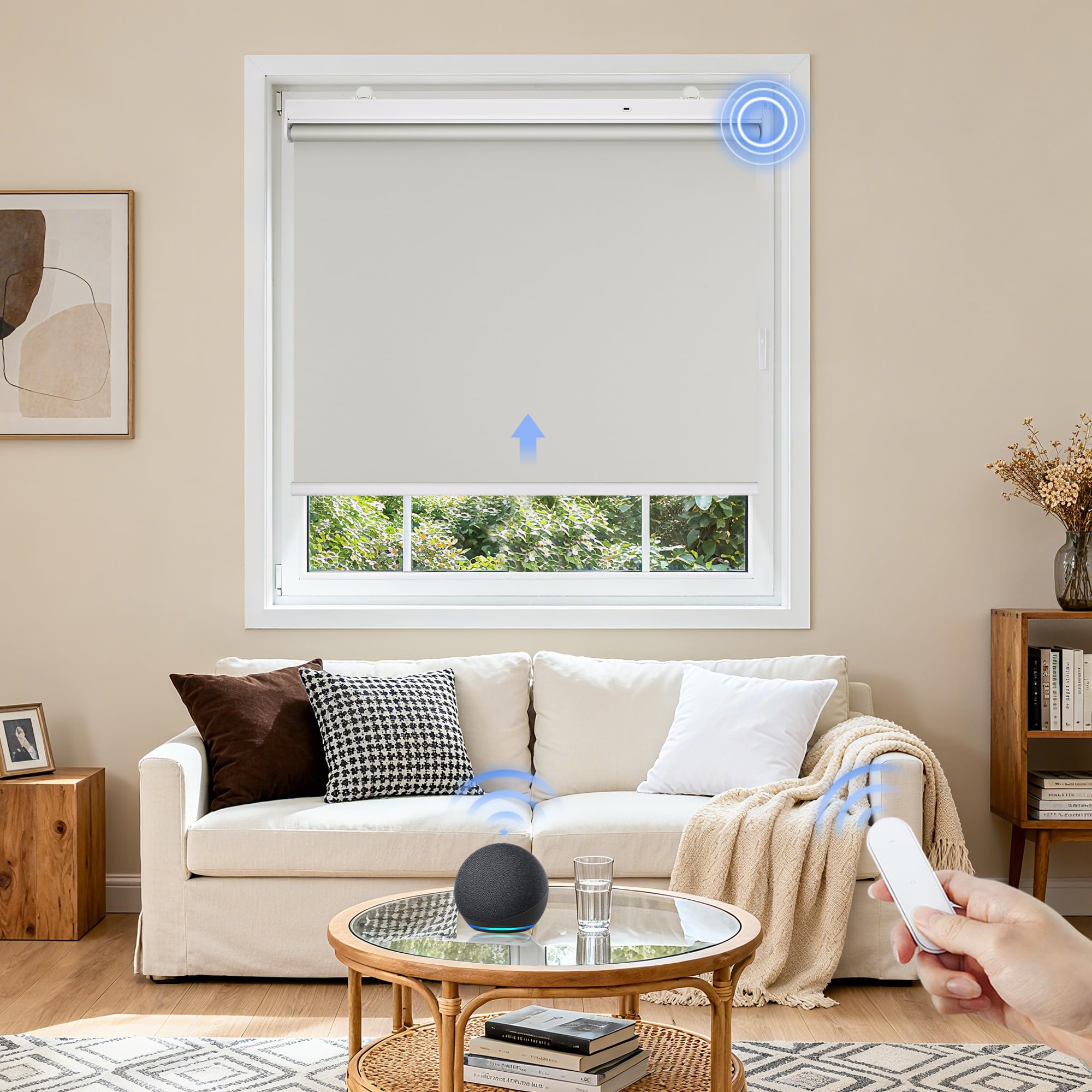 Grandekor Elektrische Rollos Innen,Verdunklungsrollo ohne Bohren mit Fernbedienung & Leiser Motor,Smart Rollo für Fenster Innen mit Metal Klemmträger,Thermorollo Sonnen-& Sichtschutz