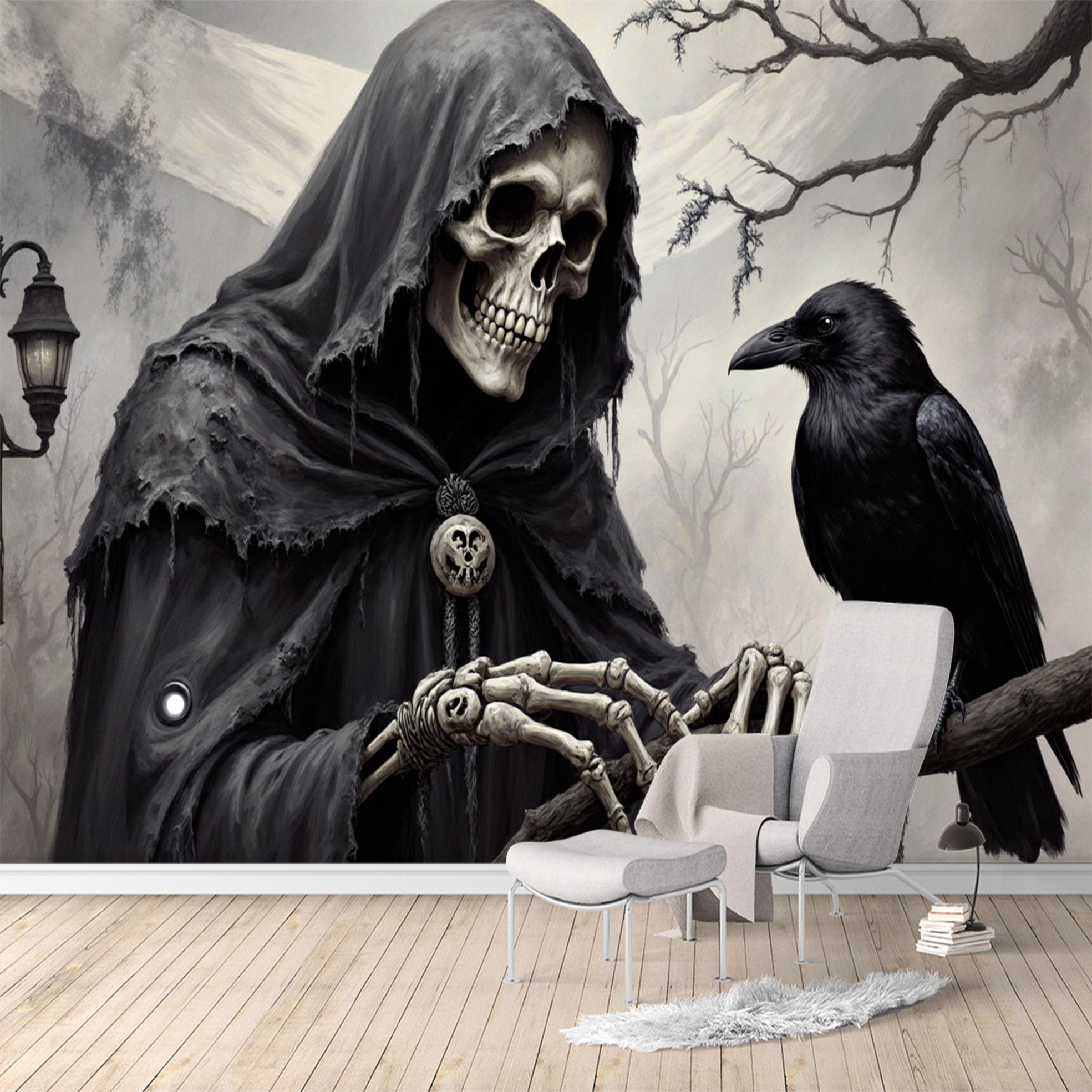 Custom Size Wall Murals, Grim Reaper Skull Crow Gothic Dark Macabre, SelfAdhesive Water Activated Removable Wall Covering, Large Photo Wallpaper for Living Room Bedroom Office