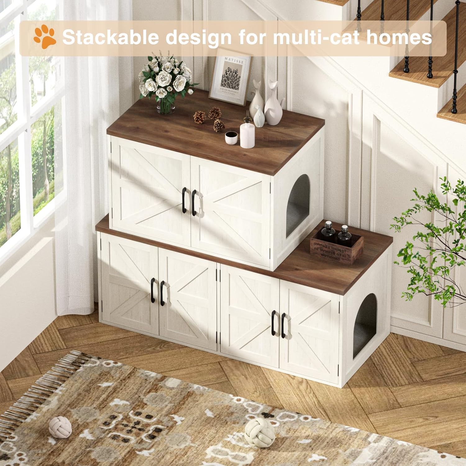 Litter Box Enclosure for 2 Cats, Farmhouse Hidden Litter Box Furniture with Barn Doors, Large Double Room Cat House for Living Room, Washroom, Entryway Bench, 47.2'' x 19.7'' x 19.7'', White