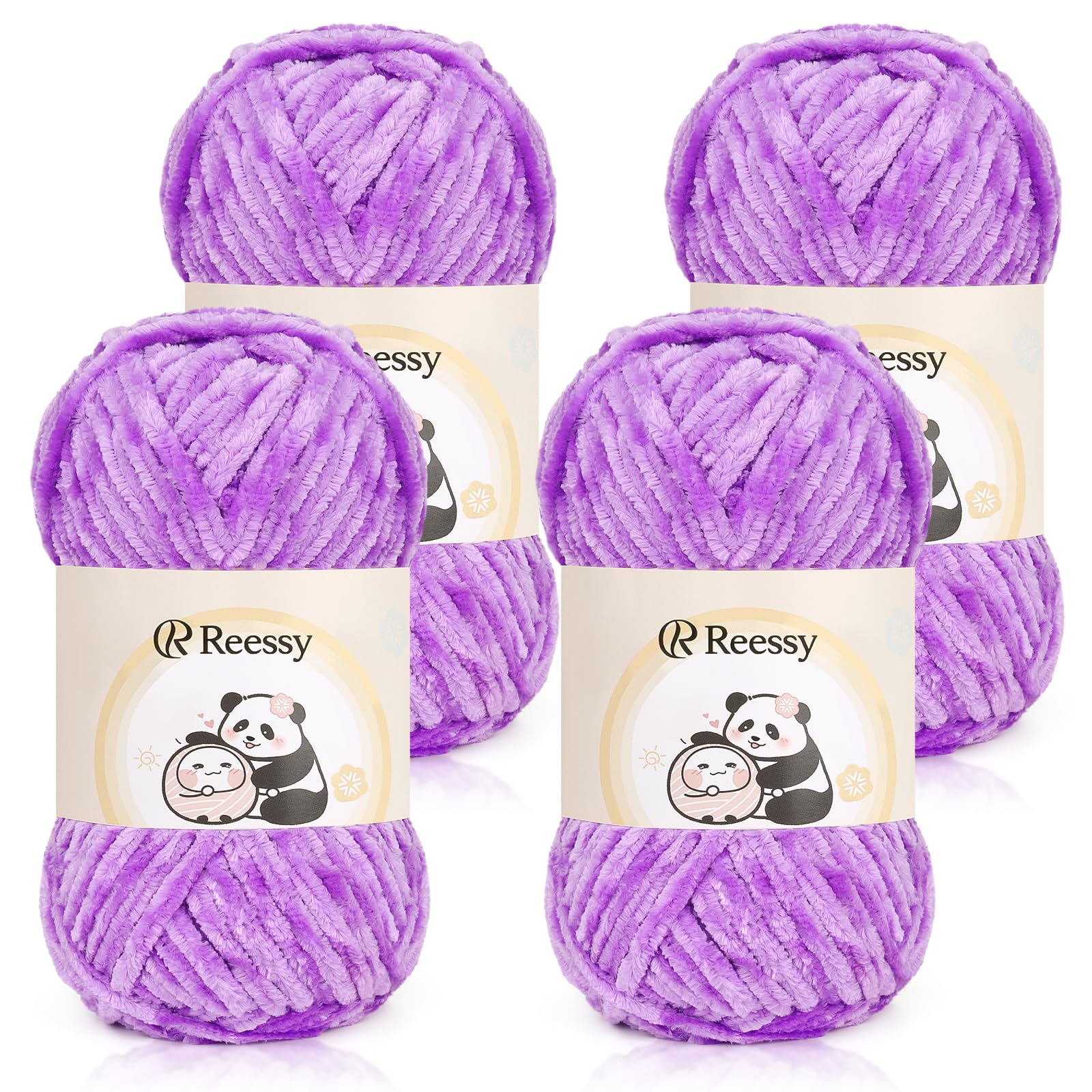 Reessy Chenille Yarn, 4 × 100g Soft Chunky Wool Set, Chunky Chenille Yarn for Crochet, Plush Velvet Fluffy Yarns Thick Knitting Wool for Crcochet Blanket, Handbag, DIY Amigurumi(Purple)