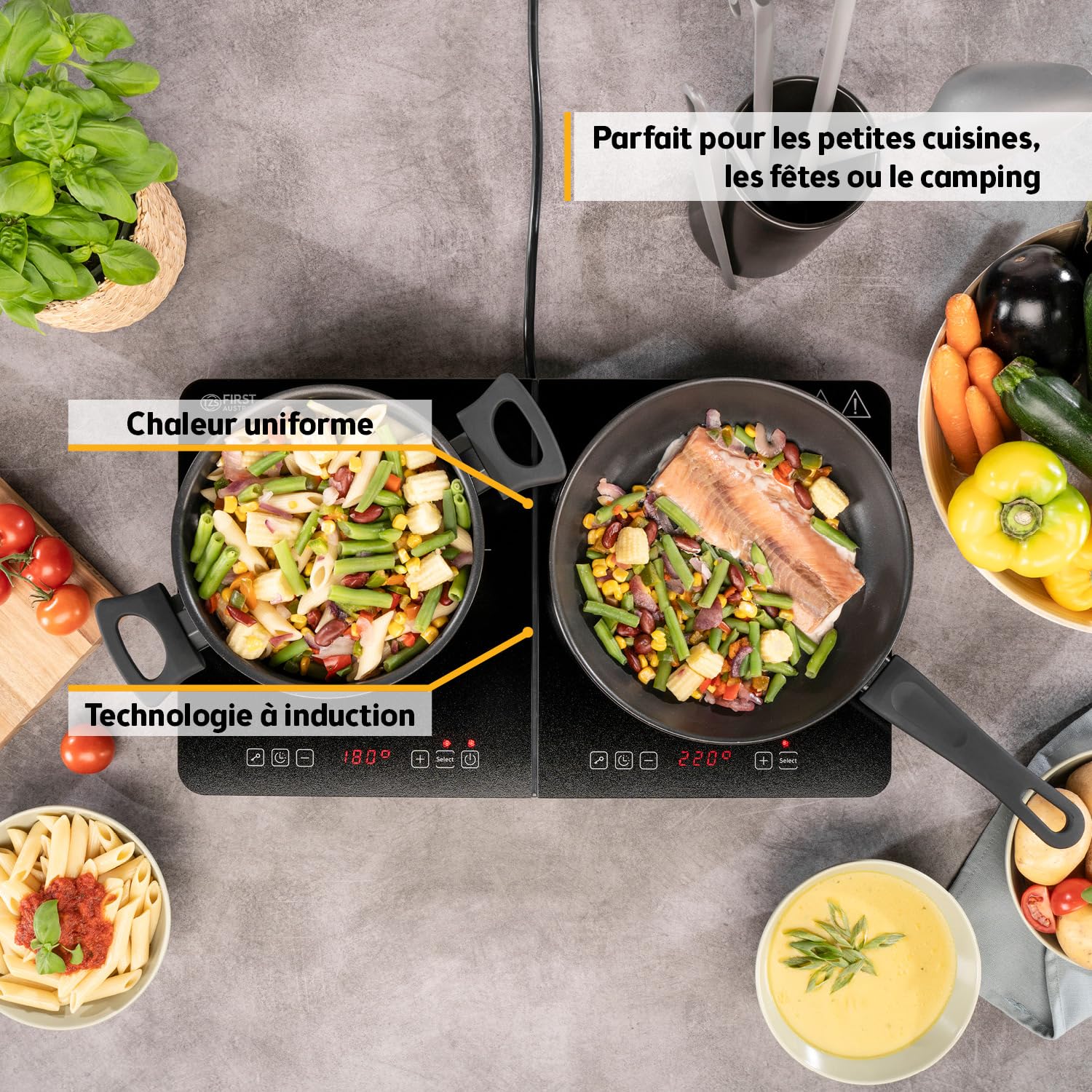 TZS First Austria Plaque induction double 3500W - 2 zones vitrocéramique, 10 niveaux, minuteur, écran LED, tactile, sécurité enfant, surchauffe - pour camping et cuisine mobile