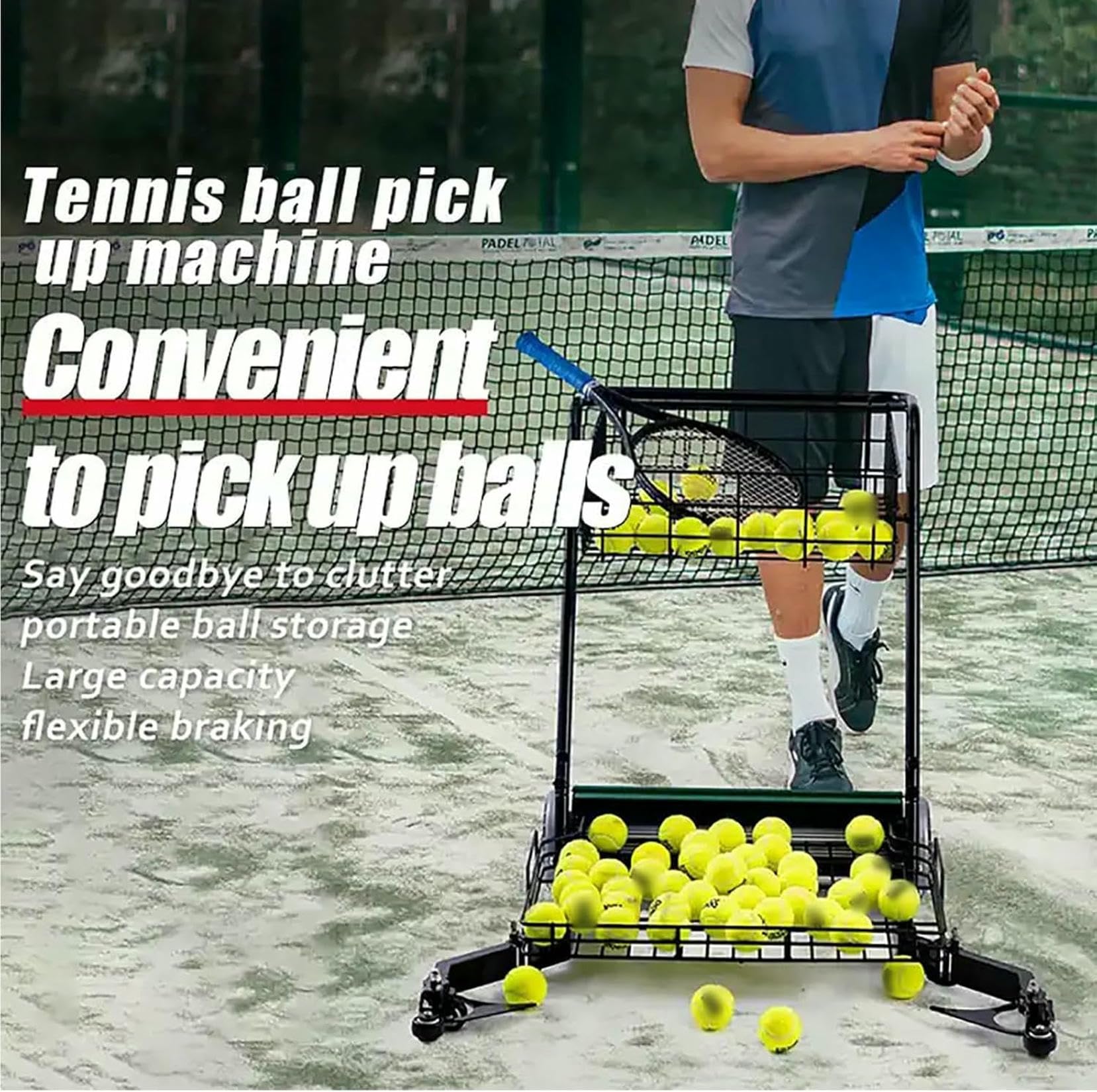 Carrello automatico per raccogliere palline da tennis, contiene 300 palline per un allenamento efficiente in palestre e impianti sportivi