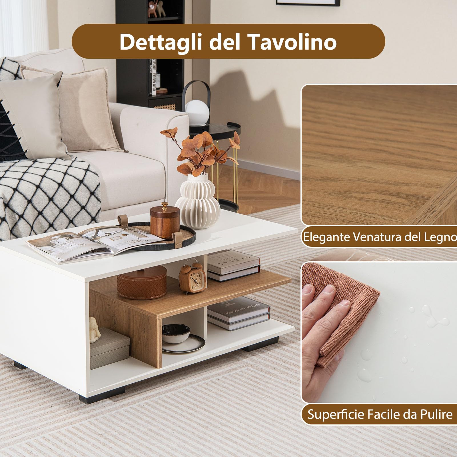 RELAX4LIFE Tavolino da Caffè Geometrico, Tavolino Rettangolare a 3 Livelli, Tavolino Centrale Moderno in Legno per Soggiorno, Sala di Ricevimento (BIANCO)