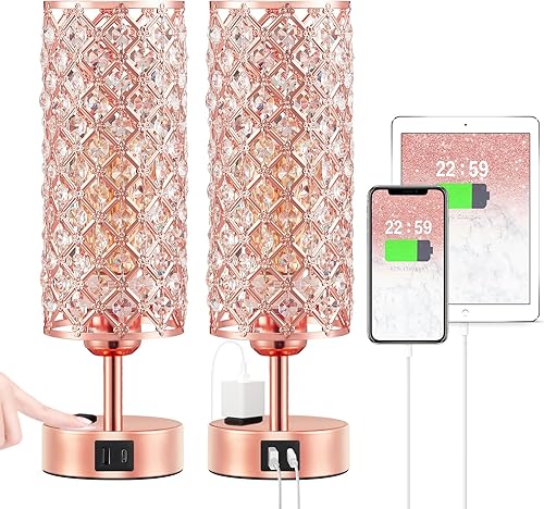 Hong-in Juego de 2 lámparas de mesa de cristal de 3 vías, control táctil con puertos USB-C+A y CA, luz de escritorio regulable, lámpara de mesita de