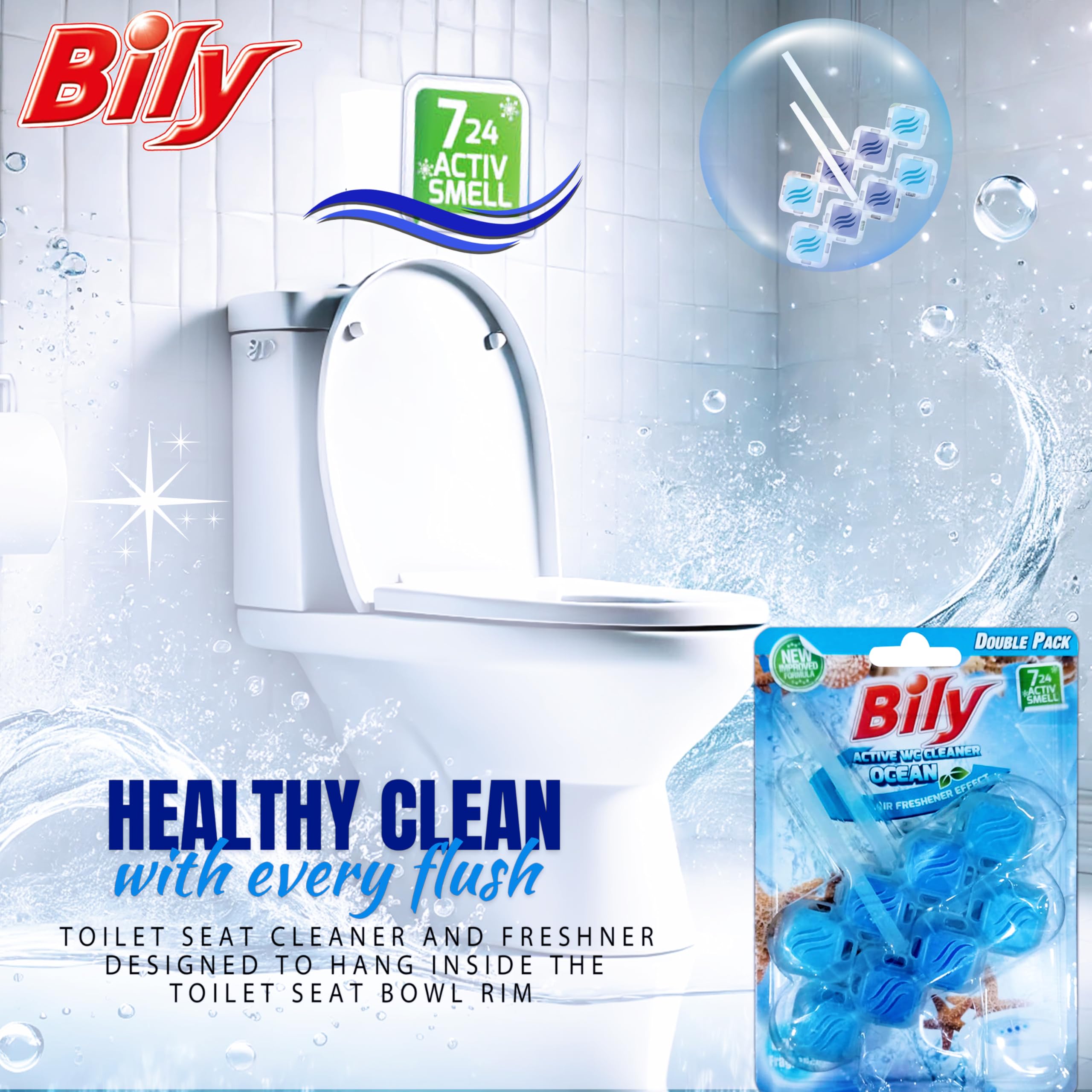 Bily Solid Toilet Rim Block Ocean | 2 * 50g Value Pack| Powerful Foaming and Cleaning|Prevents Limescale and dirt buildup | 24 * 7 Cleanlines and Freshness| 4 Function Formula| Product of Europe - Image 2 thumbnail