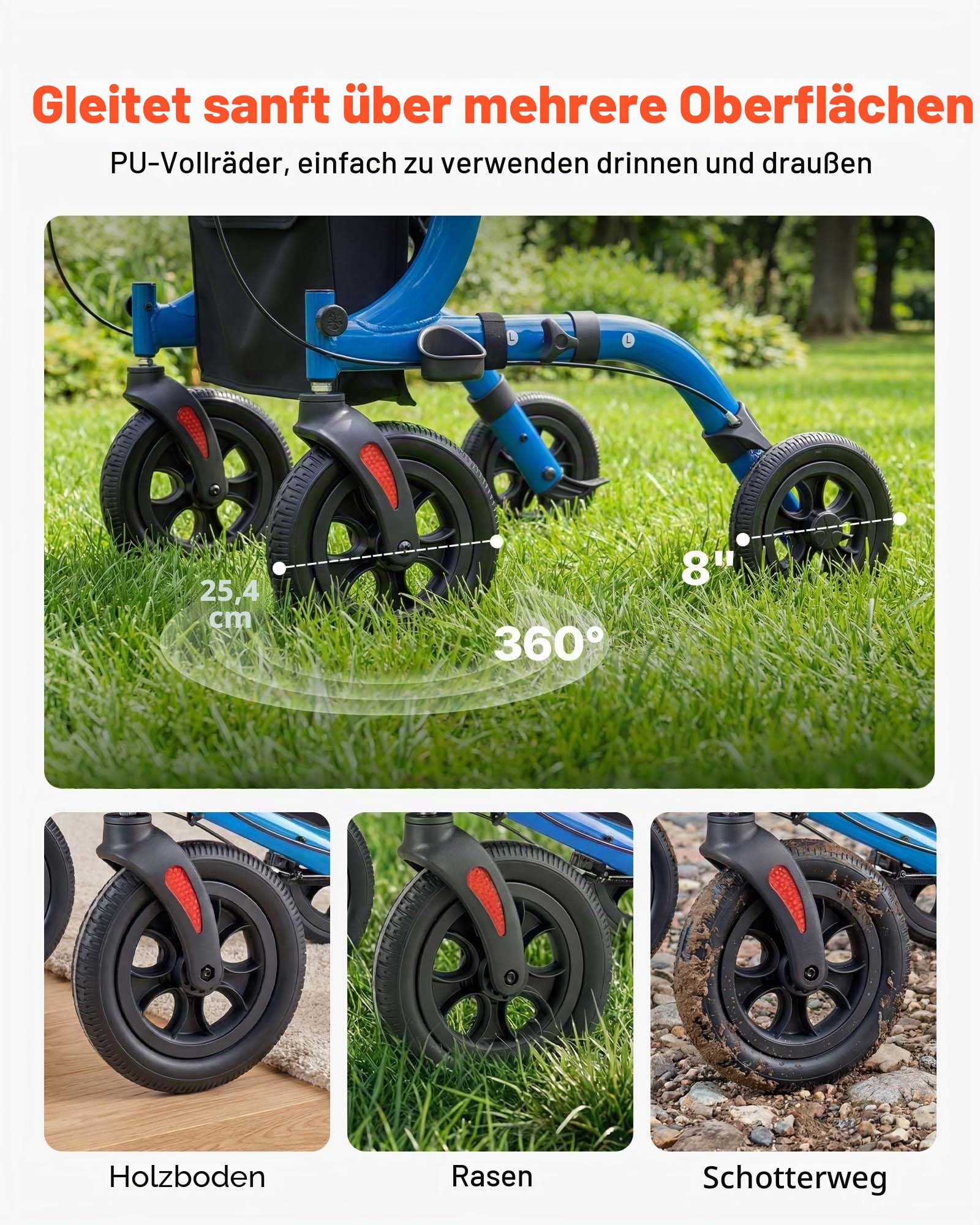 VEVOR Rollator Faltbar mit Sitz, Leichtgewicht Gehwagen mit 4 PU Reifen, Gehhilfe bis 136 kg mit Rückenlehne Tasche Gehstockhalter, Höheverstellbare Laufhilfe mit Feststellfunktion für Senioren, Blau