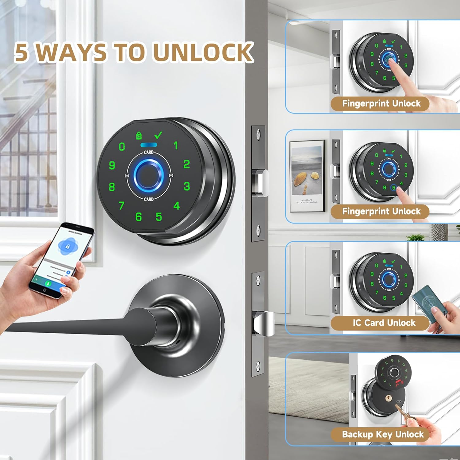 keyless entry door lock deadbolt with handle set- front door fingerprint smart locks with 2 lever handles-keypad code deadbolt -app control,auto lock,easy to install k10 black