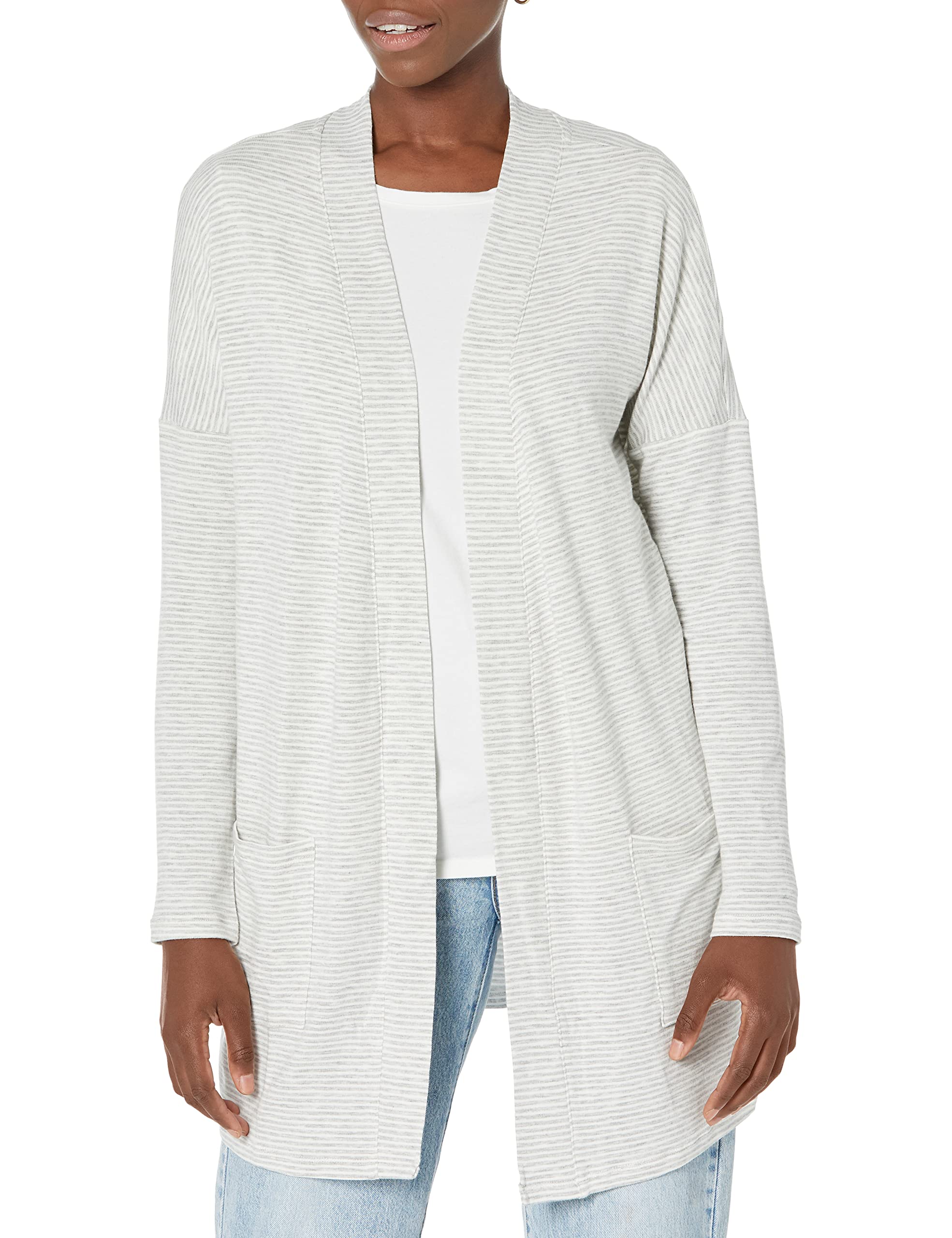 Photo 1 of Amazon Essentials Women's Relaxed-Fit Lightweight Lounge Terry Open-Front Cardigan XX-Large Grey Heather Stripe