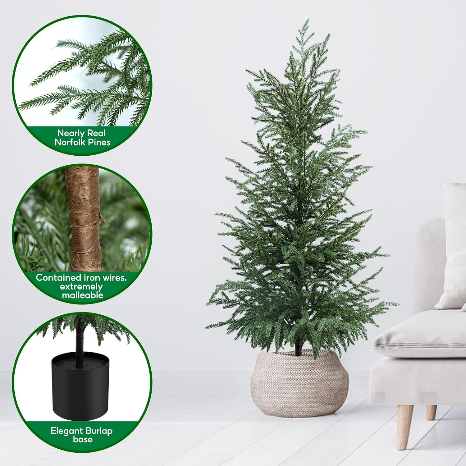 4FT Artificial Norfolk Pine Tree 2-Pack, Realistic UV Resistant Potted Plants for Christmas, Easy Fluff & Store, Indoor Outdoor Decor