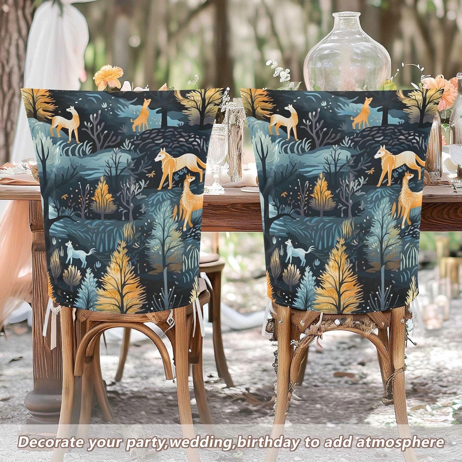 ALAZA Wolves Forest Chair Back Cover Set of 6, Washable Reusable Removable Chair Slipcovers Decorative Chair Cover for Home Kitchen Wedding Party
