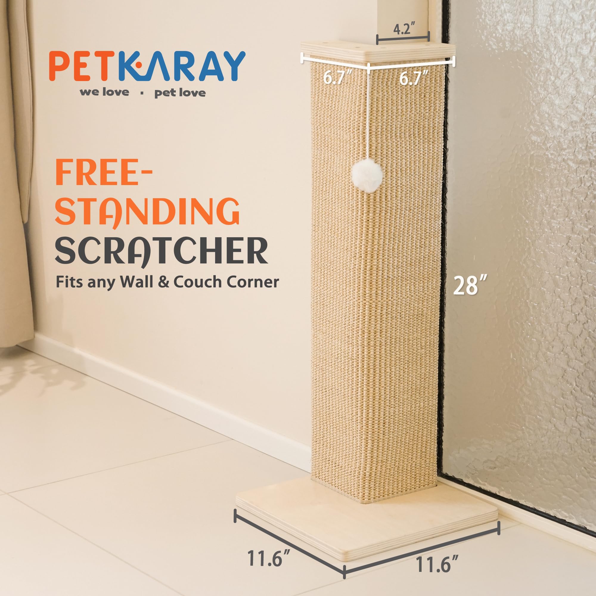 PETKARAY Eck-Kratzbrett für Katzen, 71 cm Hoher Kratzpfosten für Sofa und Wand, Sisal Kratzmatte, Möbel-Schutz mit Spielball, Groß