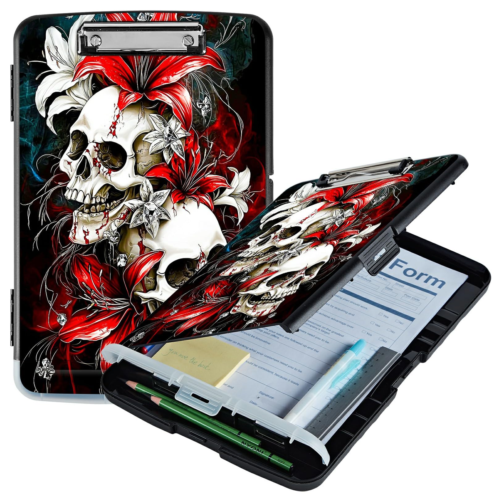 RWUTYTIUL Red Lily Skull A4 Clipboard with Storage Pen Holder, Clipboards Organizer Nursing Clipboard Foldable File Folder Plastic Clipboard Folio Clip Board for Office Students Classroom Doctor — image 1