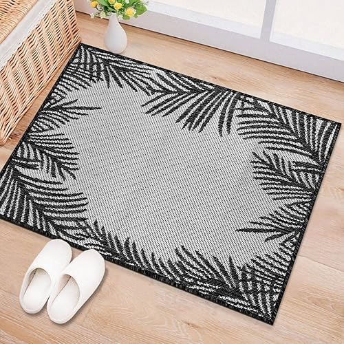 Miniatura 7 de Rugshop Alfombra plana texturizada con hojas de palmera tropicales, fácil limpieza, para exteriores, terraza, patio, patio trasero,