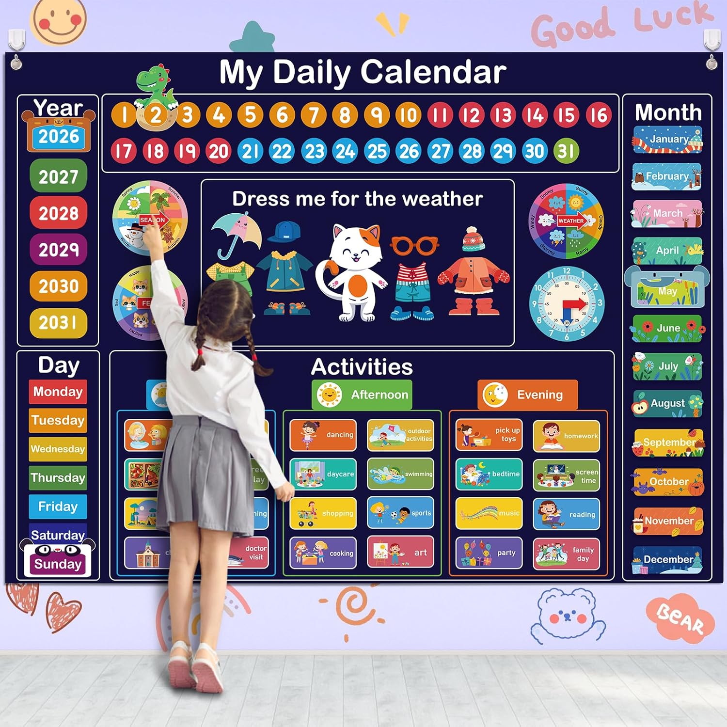 My Daily Calendar for Kids, 3.3Ft Felt Board for Toddler Kids Preschool Calendar for Classroom Circle Time Learning Center Days of The Week for Toddlers Learning Calendar Home Kindergarten Activities