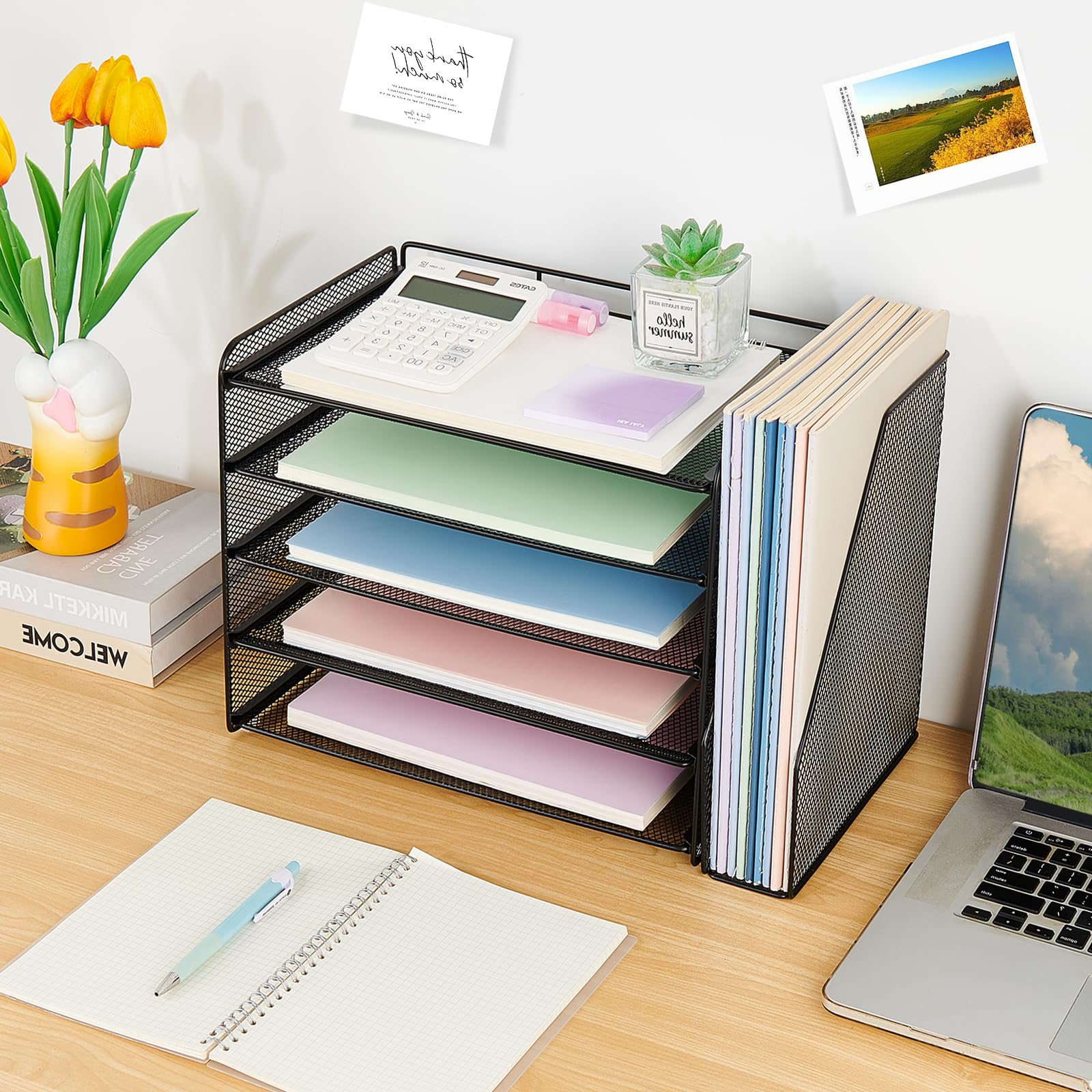 OPNICE Desk Organizer 5-Tier Paper Organizer Letter Tray with Magazine Holder Office Desk Accessories Workspace Organizers Desktop File — view 8
