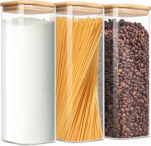 Miniatura 9 de Recipientes redondos de vidrio de 1.5 cuartos de galón con tapas, recipiente transparente para almacenamiento de alimentos con tapa de bambú sellada