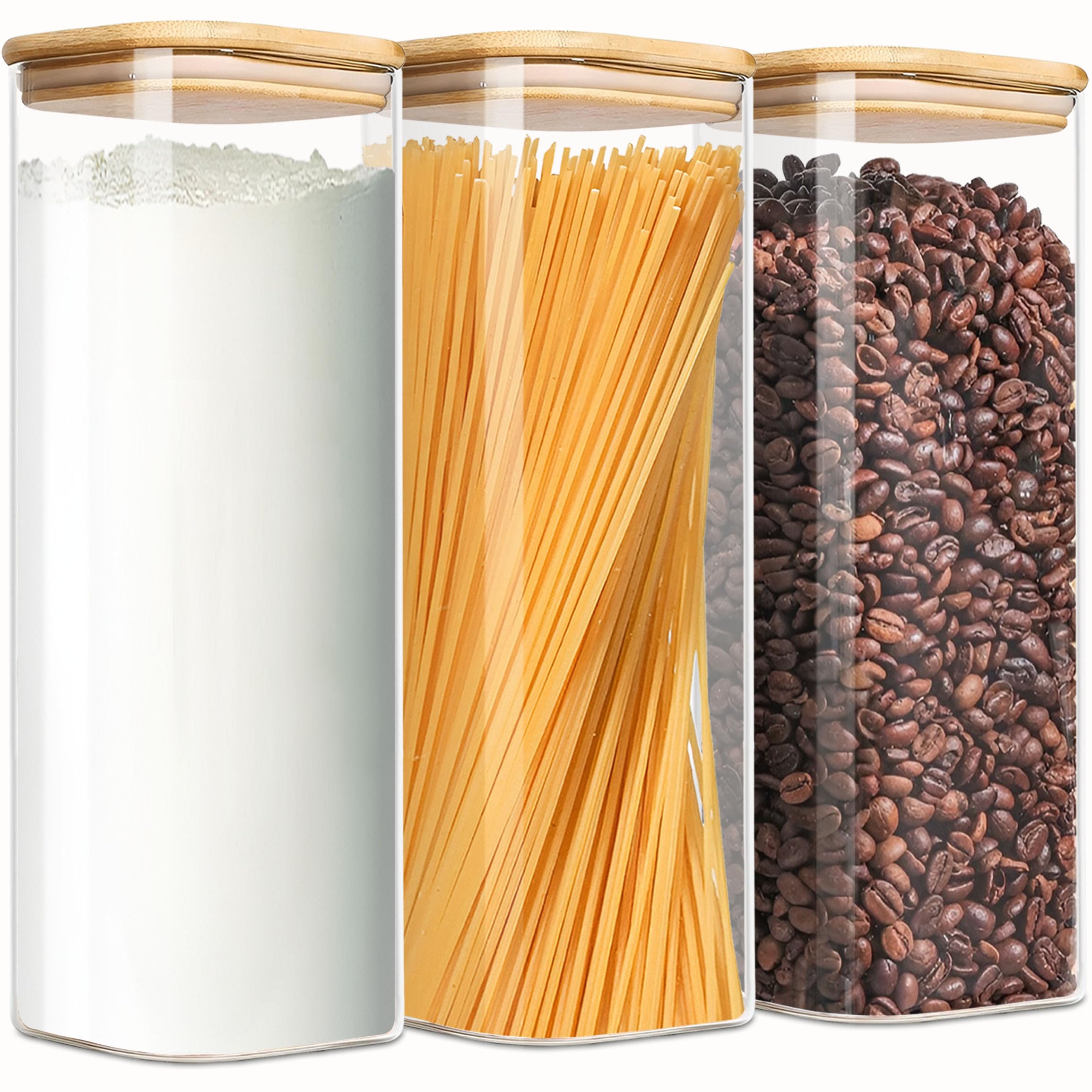 Photo 1 of HVOPGEEUAN 2.2 Qt Square Glass Storage Containers with Lids, Clear Food Storage Container Jar with Sealing Bamboo Lid Storage Containers for Pasta, Oats, Coffee, Flour, Sugar (Square -3Pack)