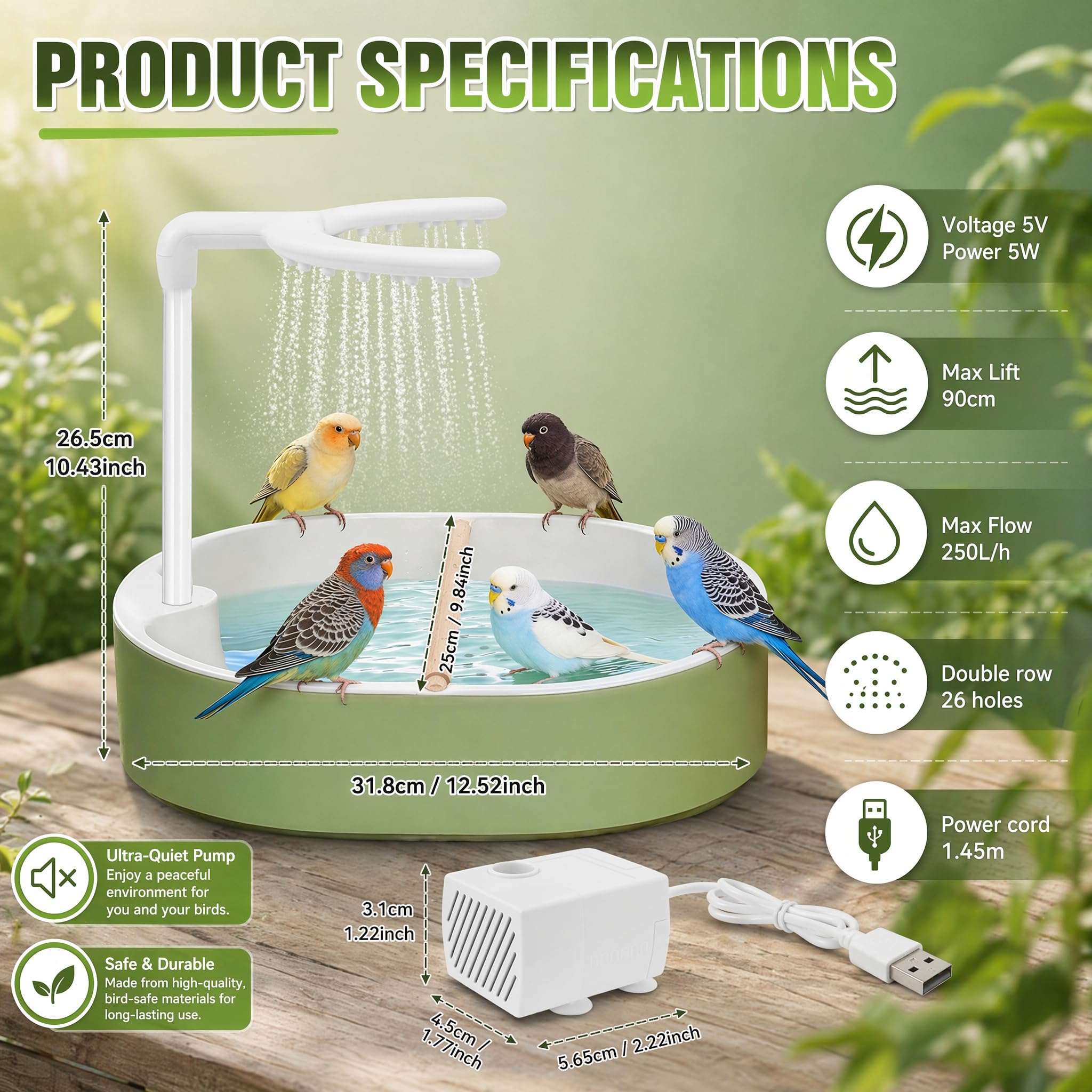 Ruichi Vogeldusche Wellensittich, 32x26cm Wellensittich Dusche mit Wasserfall und Wasserpumpe, Automatische Vogelbad Badehaus Badewanne für Unzertrennliche Wellensittiche Afrikanische Munias Aras