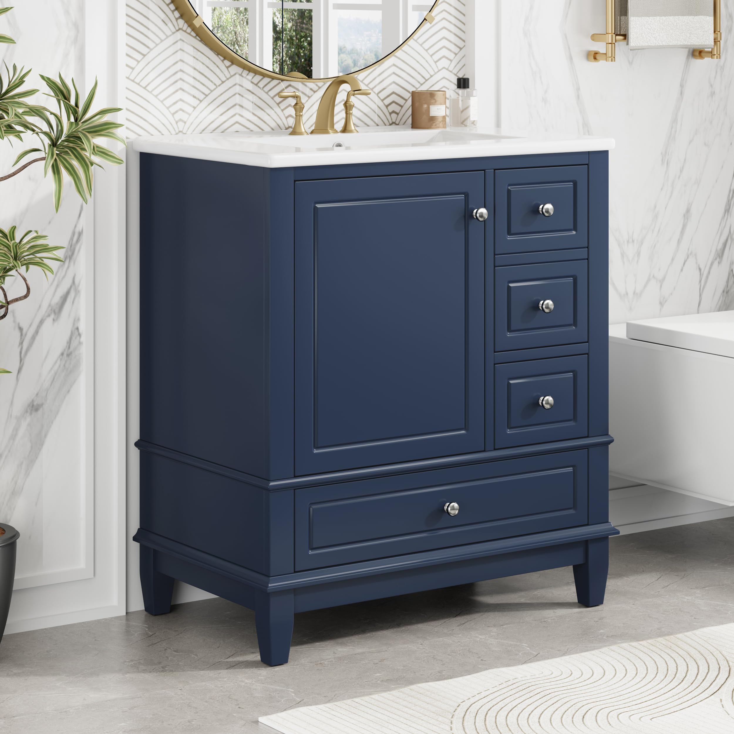 Photo 1 of **MISSING PIECES** Bathroom Vanity with Ceramic Sink 30 Inch, Cabinet with One Door and Three Drawers, Soft-Closing Door, Solid Wood Legs, Blue