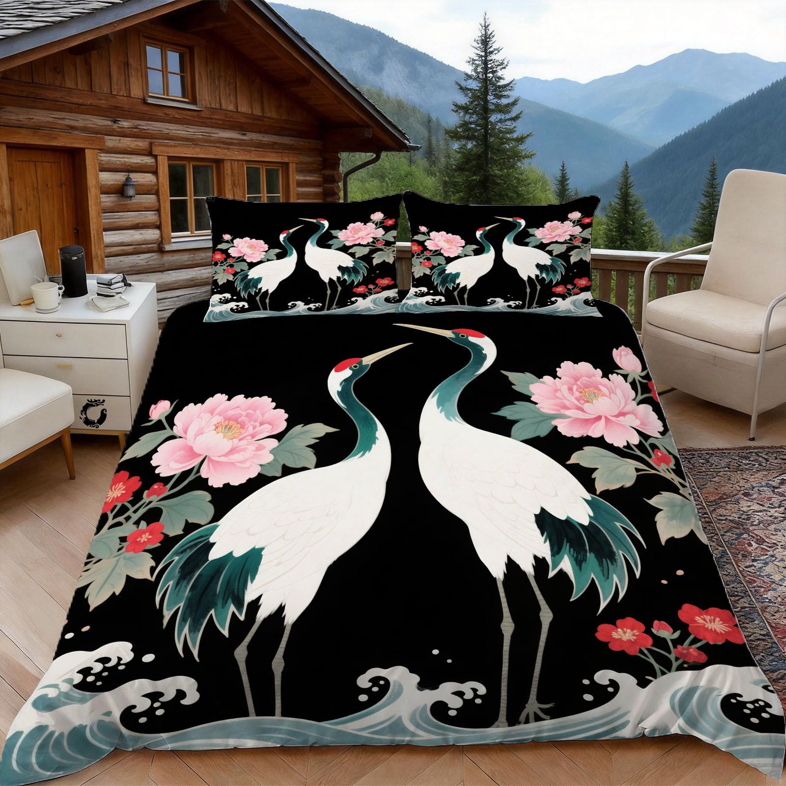 Housse de couette 220x240 grue avec 2 taies d'oreiller pour lit 2 personnes