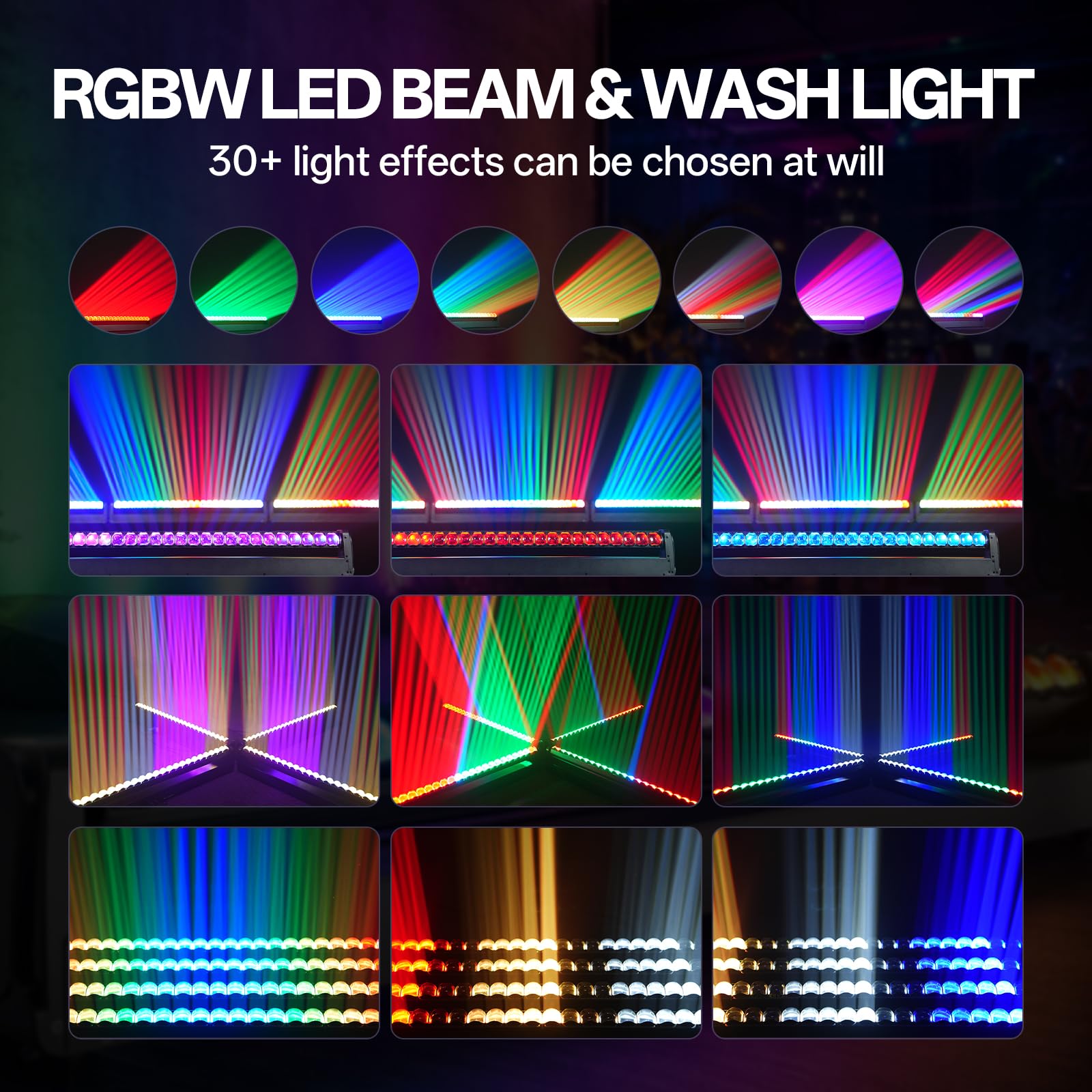 Barra Wash a Teste Mobili a LED RGBW 24x12W, Fascio 2° con stroboscopio e Dimmer d-mx512 Attivazione Sonora per Palcoscenico Matrimoni DJ Feste e Discoteche