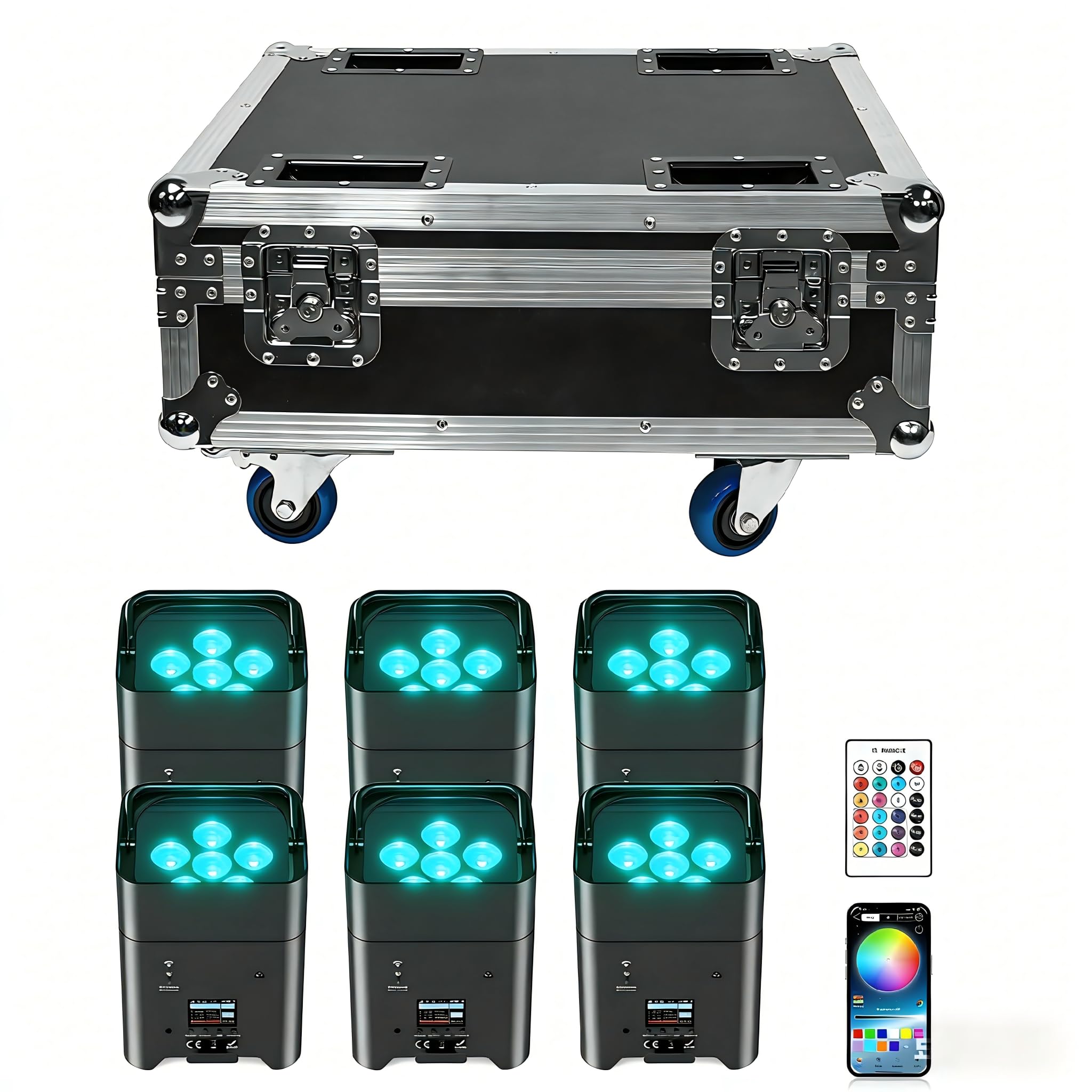 Proiettore PAR LED 108 W, 6 pezzi con flightcase RGBWA + UV, batteria ricaricabile 9600 mAh, telecomando/applicazione/WiFi/DMX, ideale per feste, DJ, Natale, bar, compleanni