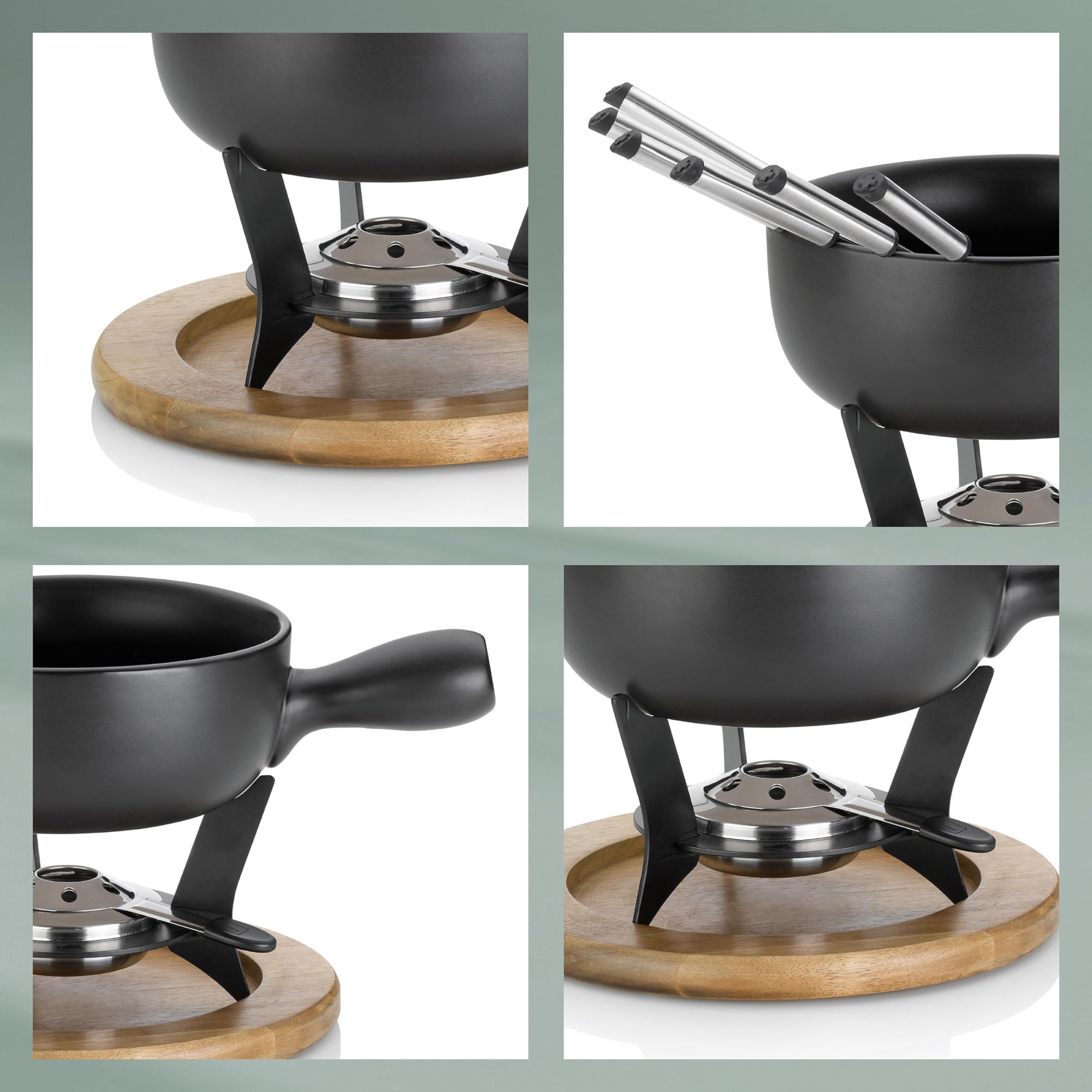 kela Käsefondue-Set Country, 10-teilig, Durchmesser 25 cm, 2 L, Keramik, schwarz, feuerfester Topf, Sicherheitspastenbrenner, Untersetzer aus Akazienholz, Rechaud, 6X Fonduegabeln, 16640