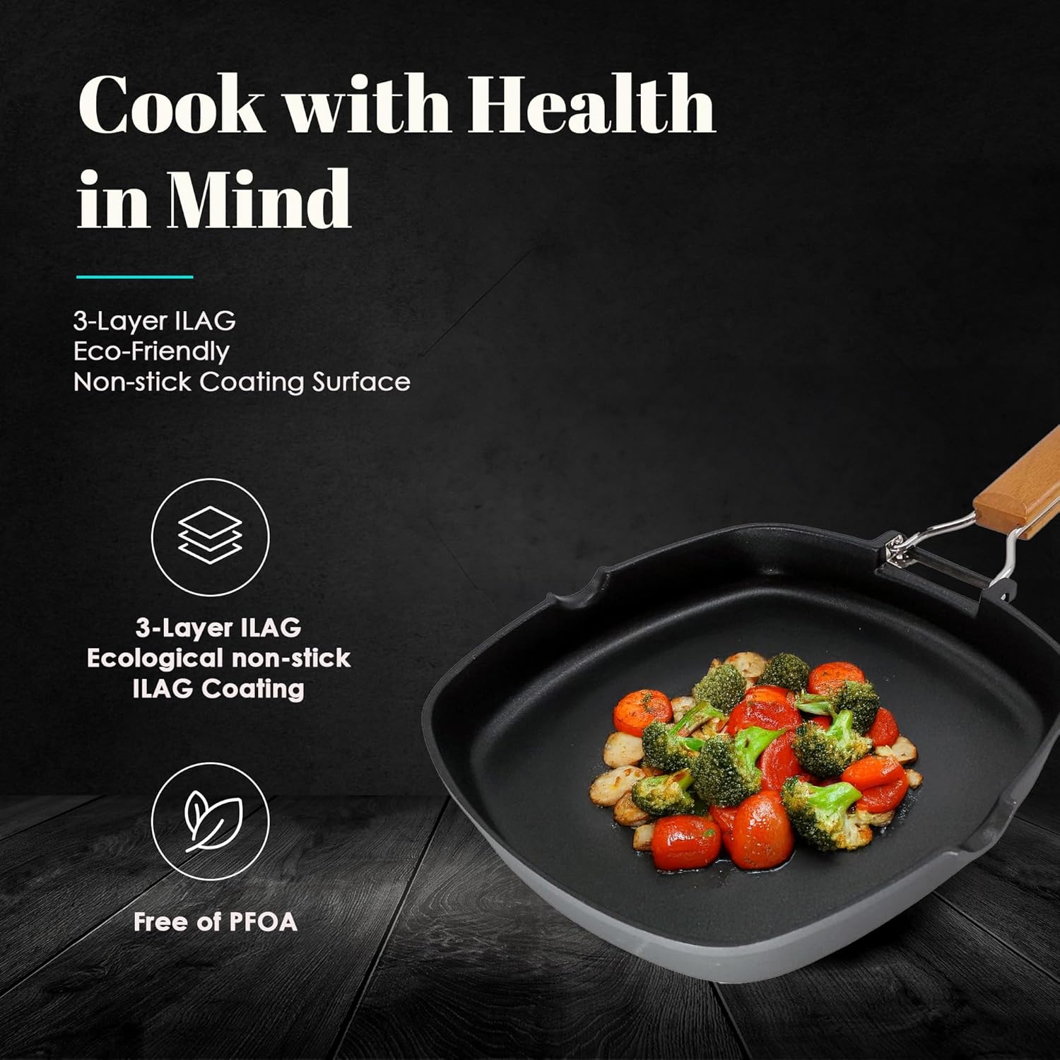 WECOOK! Ecostone Grill Pan Induction Smooth, 24 x 24 cm, Non-Stick Coating, ILAG Ecological PFOA-Free, Cast Aluminium, 5 mm Thick, Folding Wooden Handle, Vitroceramic, Gas