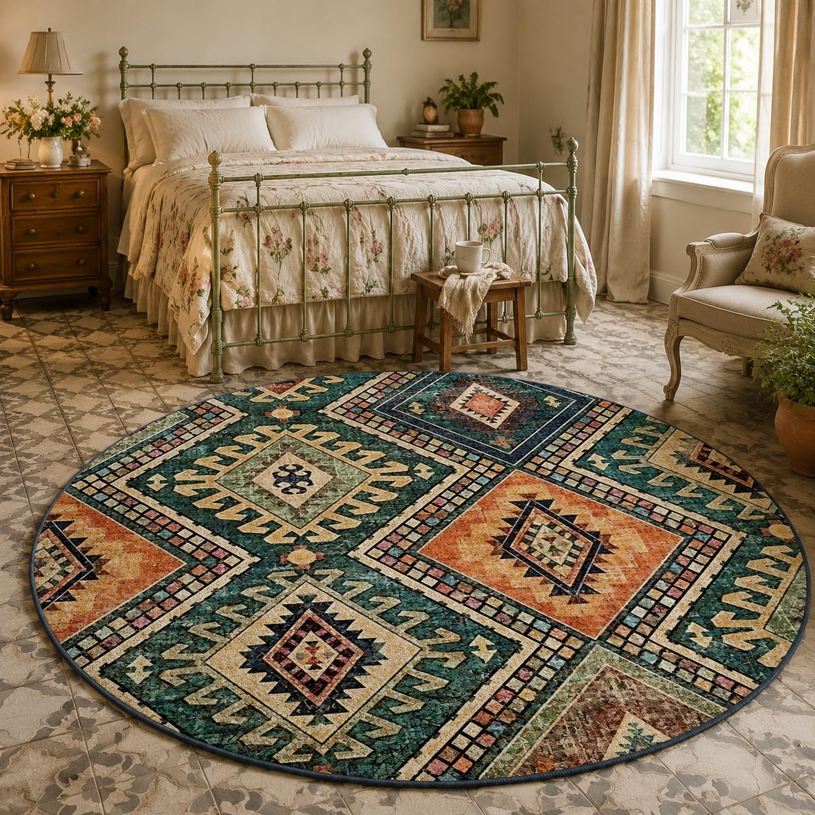 Tapis protection sol rond géométrique vintage pour bureau 70cm