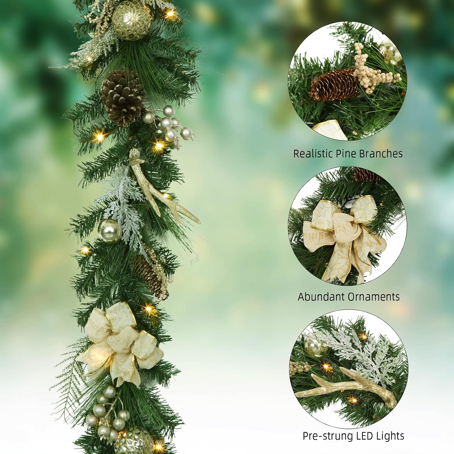 Adeeing 6 FT Christmas Garland with Lights, Pre-lit Outdoor Garland with Battery Operated 20 LED Lights, Holiday Garland with Stars, Flower, Berry Branches(Gold) - Image 3