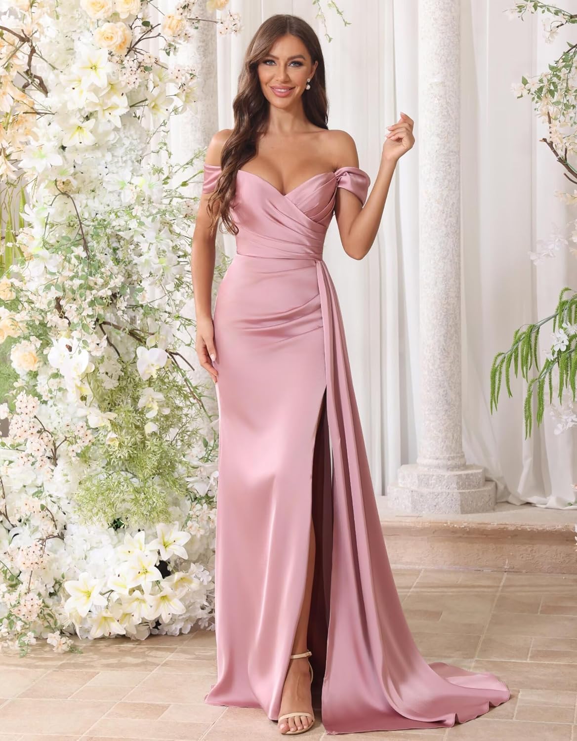 Maxianever Off Shoulder Bridesmaid Dresses 2026 Long Pleated Satin Formal Gowns for Women with Slit - Image 3