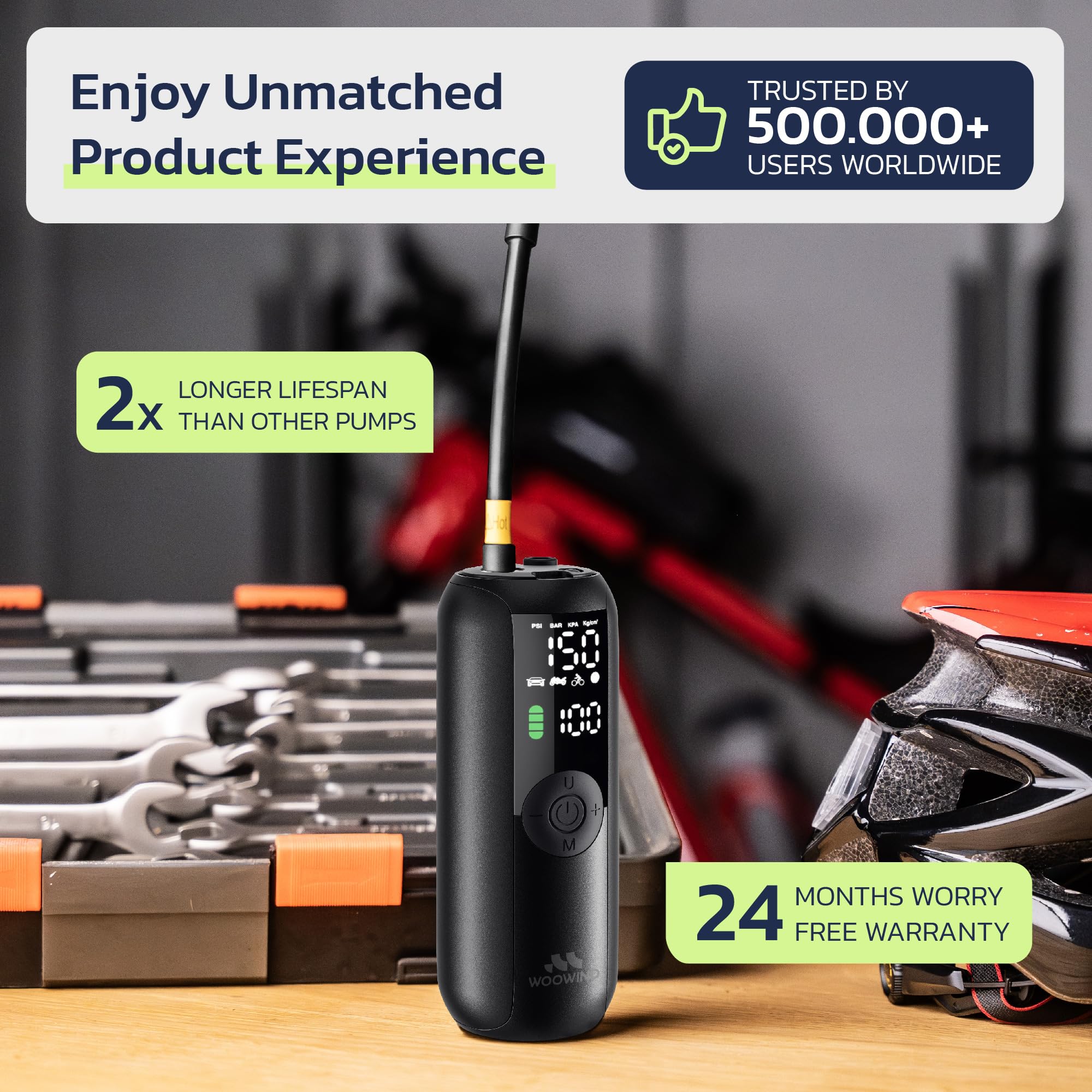 Woowind Compresor Aire Portatil 150PSI/10,3Bar, Bomba Bicicleta, Inflador Ruedas Coche, Hinchador Ruedas Coche, Apagado Automático + Woowind Tire Sealant Pro Sellador de Neumático Paquete