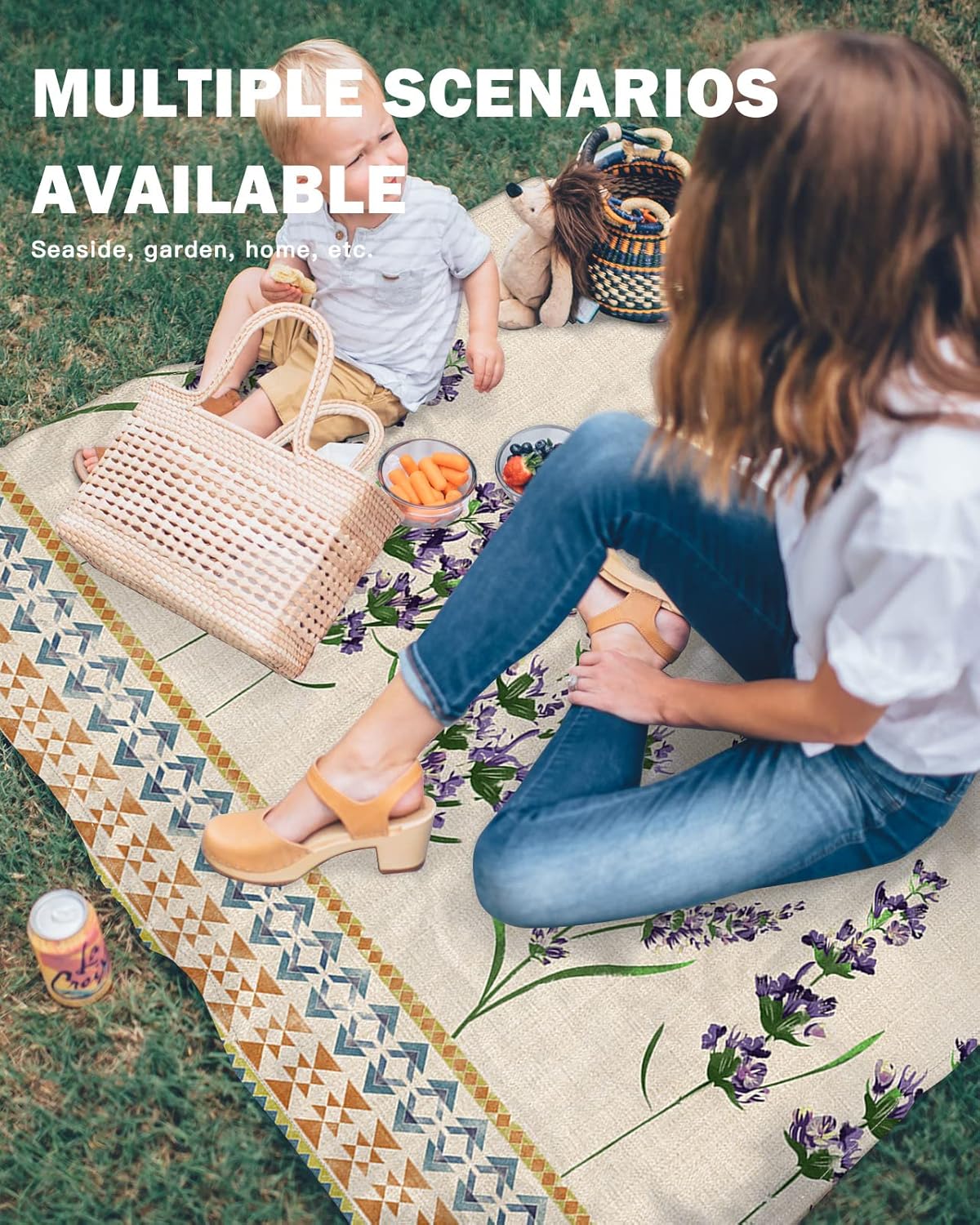 Vintage Farmhosue Lavender Purple Flower Beach Blanket Waterproof Sandproof Outdoor Picnic Mat 83"x79" Bohemian Ethnic Style Lightweight Large Beaach Blankets with 4 Stake & 4 Corner Pockets