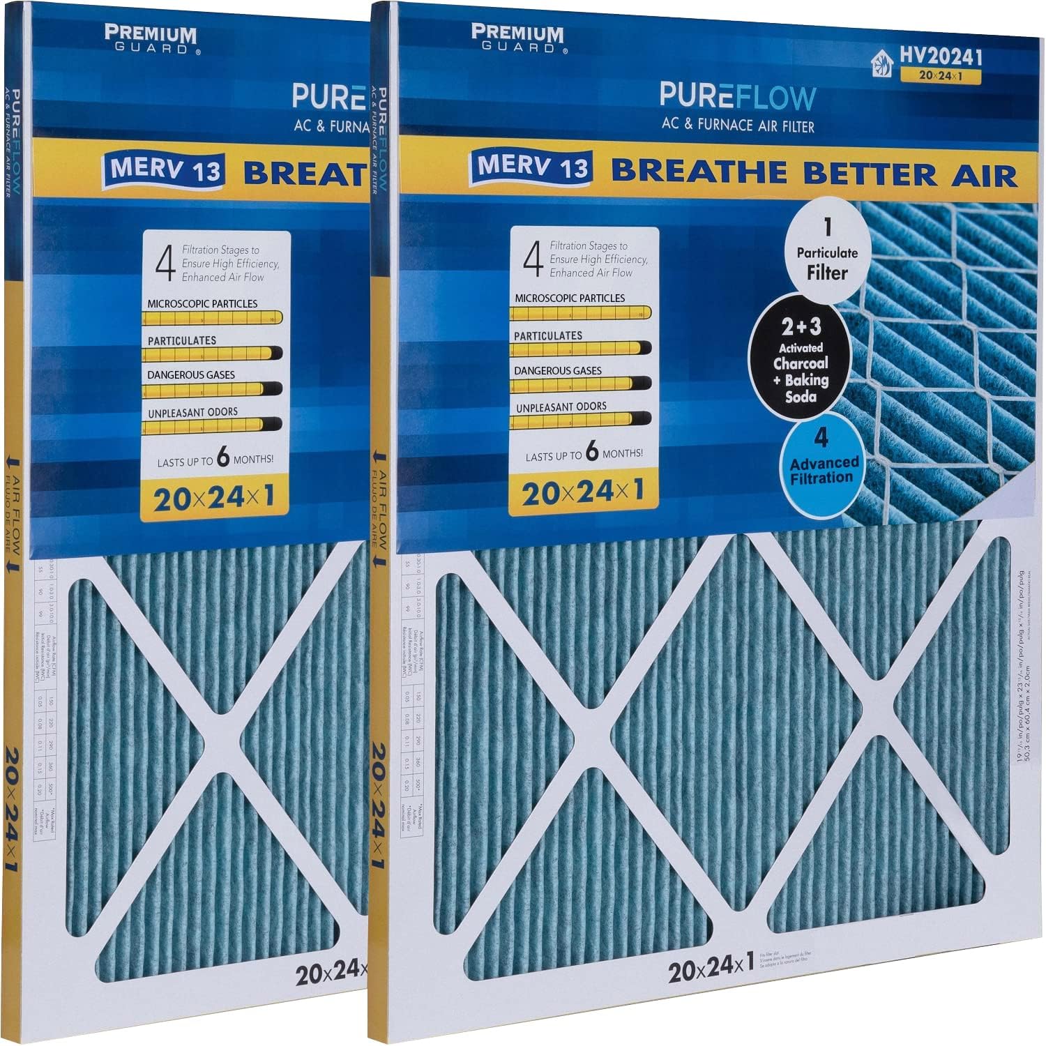 PUREFLOW Odor Control Home Air Filter MERV 13, 20x24x1 Furnace Filter, 4 Layer High Efficiency Filtration for Dust, Smoke, Fumes, Pollutants (Pack-of-2)