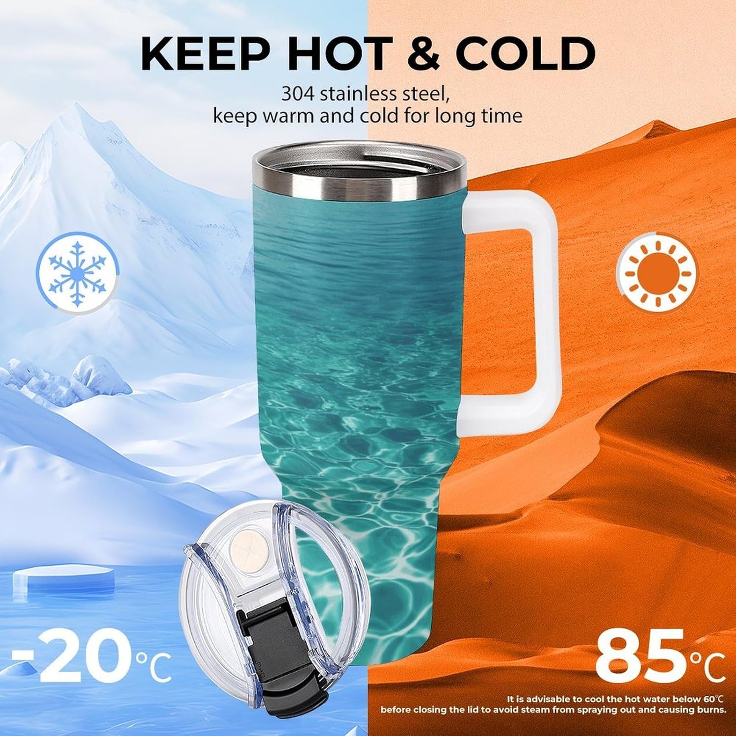 40 Oz Insulated Mug with Handle, Stainless Steel Blue Aqua Pool Water Printed Travel Mug Portable Leak-proof Large Car Mug for Home, Office Or Car