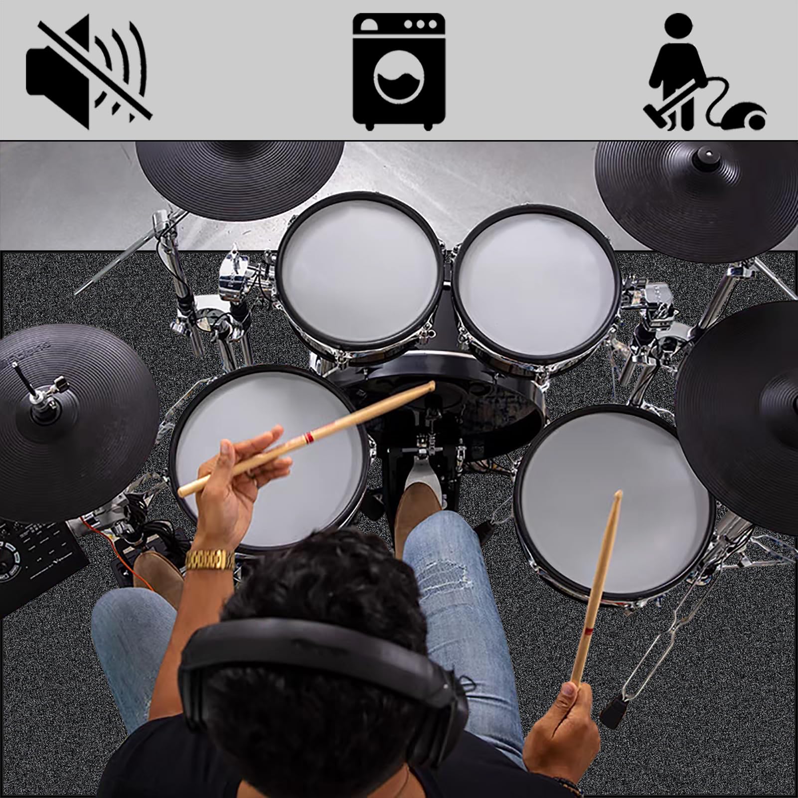 120 x 70 cm Alfombra para Bateria Acustica, Alfombra Profesional de Jazz Acusticas Electronica para Kits de Batería Electrónica Bombo Caja Antideslizantes