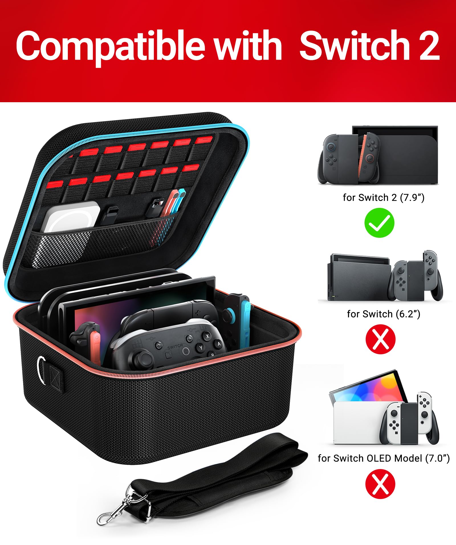 ivoler Tasche Kompatibel mit Nintendo Switch 2 (2025), Hartschale mit Displayschutzfolie und Daumengriffen, für 14 Spielkassetten und inklusive Gurt (Schwarz)
