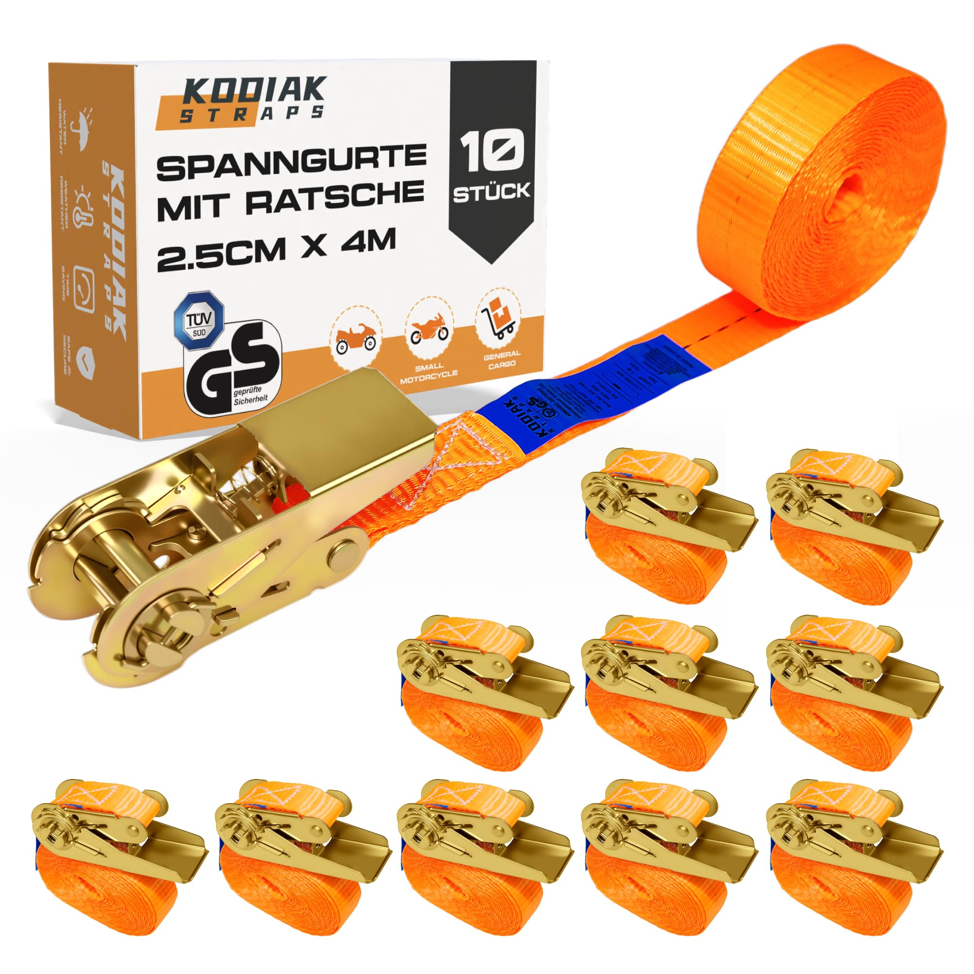 10 Cinghie di Tensione 4m x 1000kg con Chiusura a Cricchetto - Cinghie a Cricchetto da 25mm - Arancione - per Bagagli e Trasporto - Certificato TÜV/GS e secondo la Norma DIN EN 12195-2 - KODIAK STRAPS