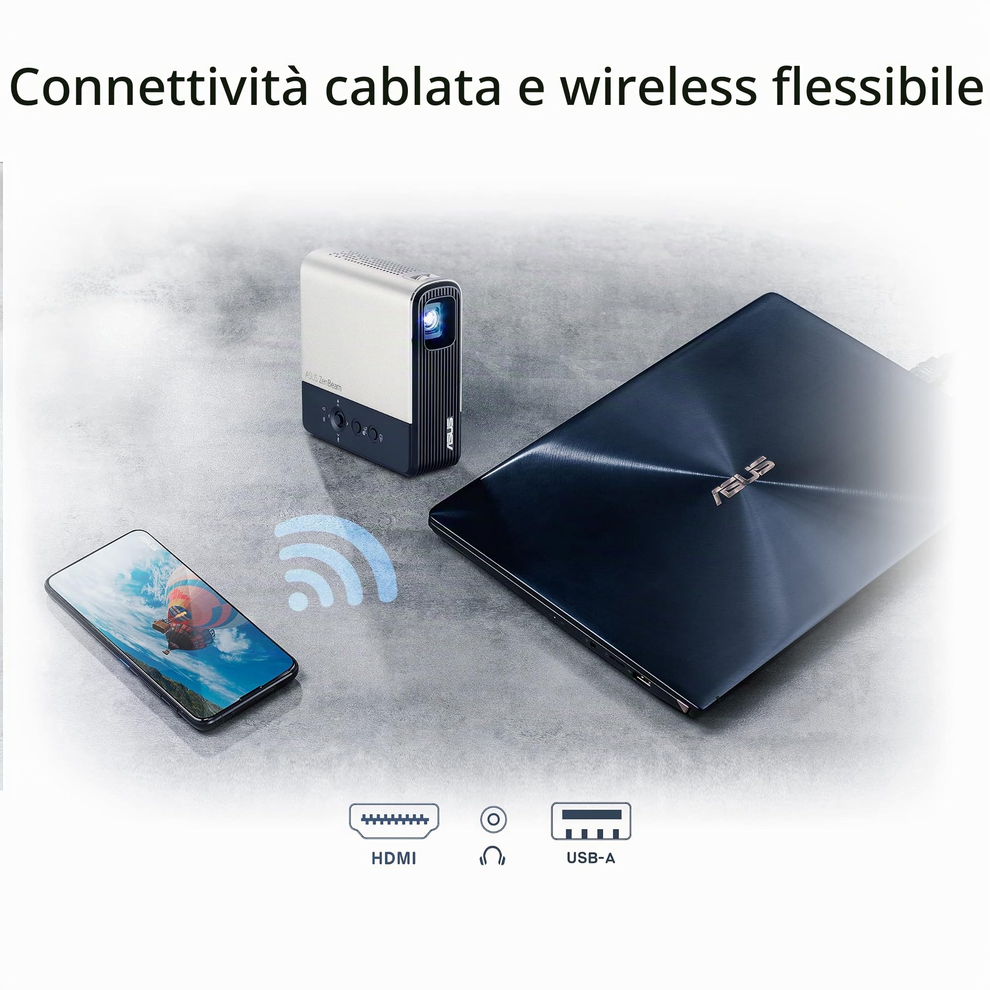 ASUS ZenBeam E2 Mini Proiettore LED, 30000 Ore Di Funzionamento, WVGA (854x480), 300 Lumens, Speaker Integrati, HDMI, Batteria Integrata, 4 Ore Di Riproduzione Video, Wireless, Nero/Oro