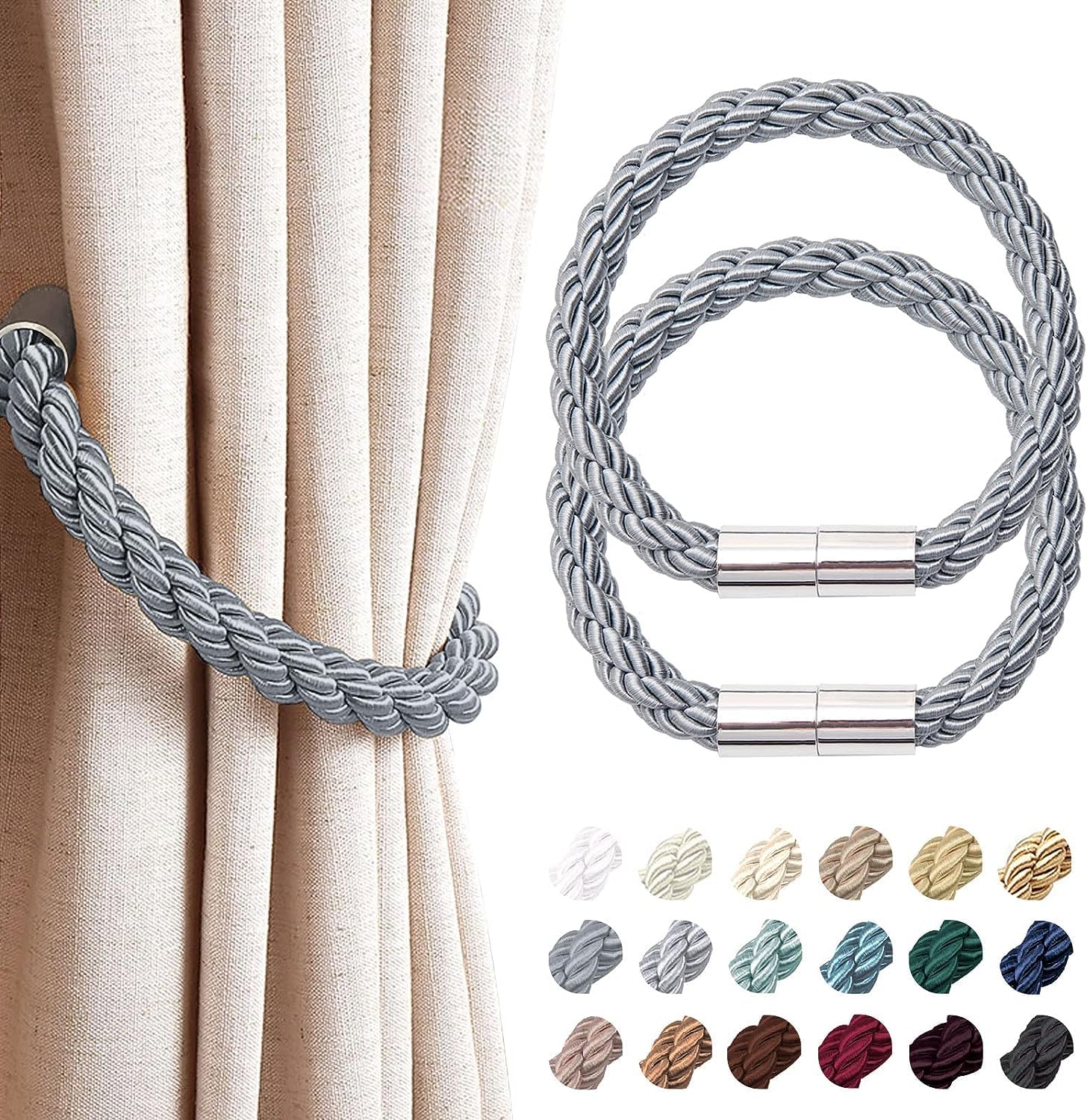 VRT Strong Magnetic Curtain Tiebacks Modern Simple Style Drape Tie Backs Convenient Decorative Weave Rope Curtain Holdbacks for Thin or Thick Home & Office Window Draperies (1 Pair, Silver White) — Amazon image 5