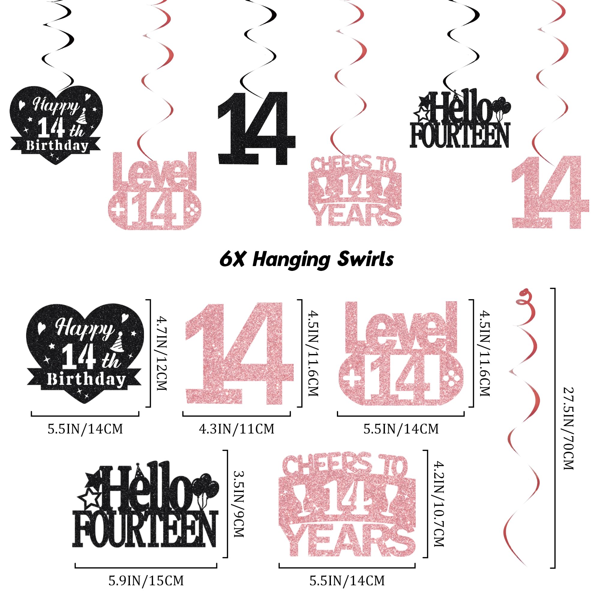 14th Birthday Decorations for Boys Girls - Black Rose Gold Glitter Happy 14th Birthday Letter Banner and Pennant Flags, Number 14 Foil Balloons and Hanging Swirls for 14 Years Old Children Party - 3