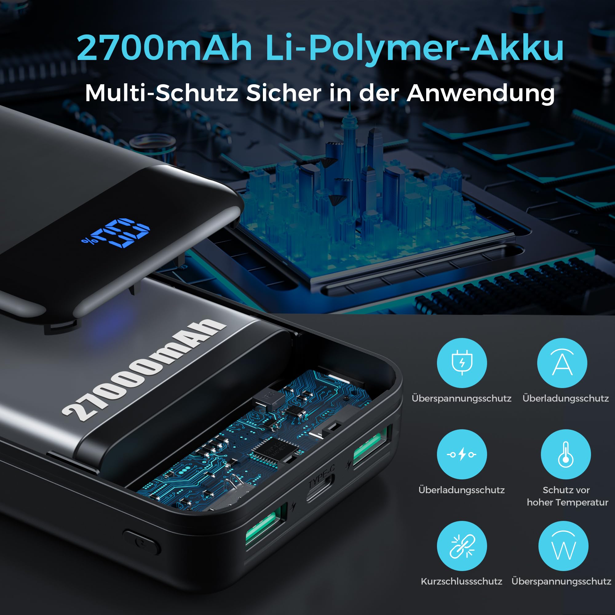 Enerwow Power Bank 27000 mAh, 22.5W Powerbank, USB C Externer Akkupack mit LCD Display, Tragbares Ladegerät für iPhone 17/16/15/14/13/12, iPad, Samsung & Mehr（P300/Schwarz）