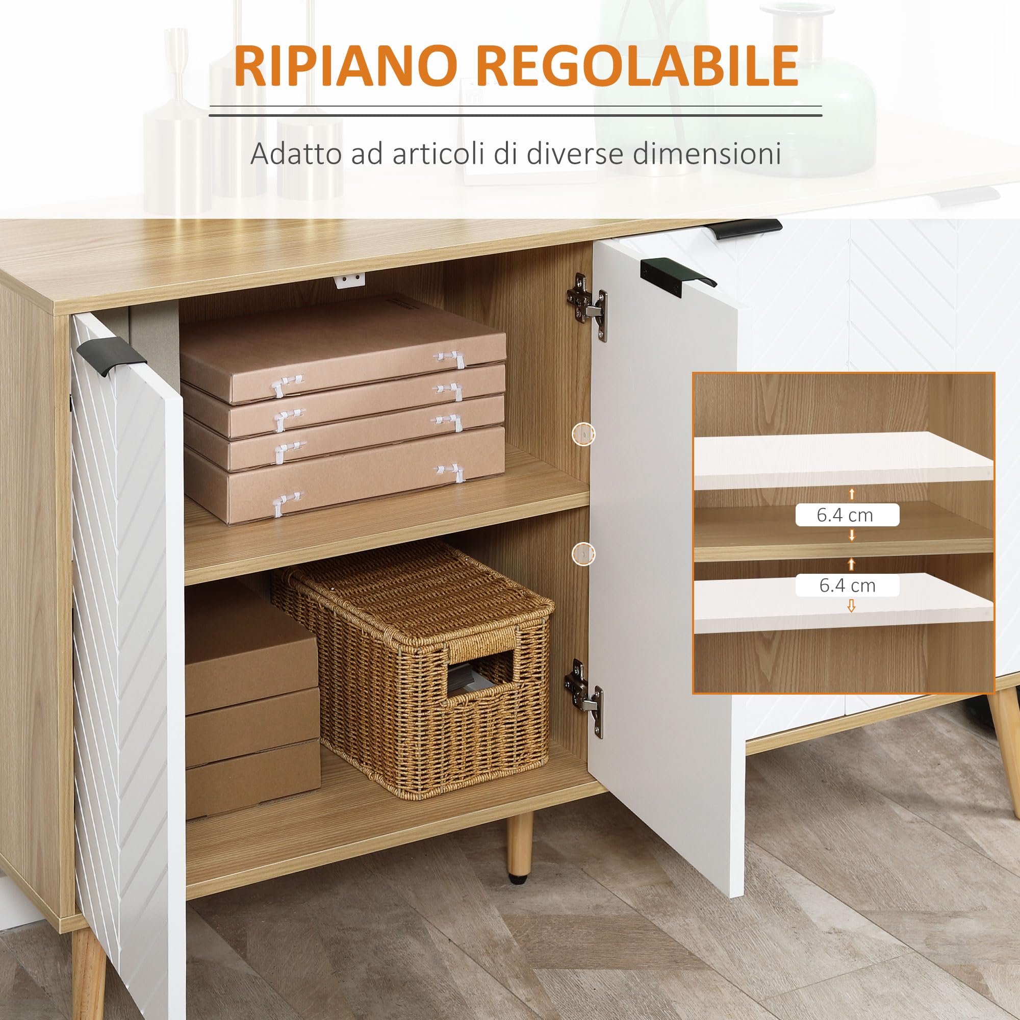HOMCOM Credenza Cucina, Mobile Cucina con Ripiani Regolabili e Gambe in Legno di Pino, Credenza Buffet Moderno per Soggiorno, Salotto, Sala da Pranzo, 120x35x77.4cm, Naturale e Bianco